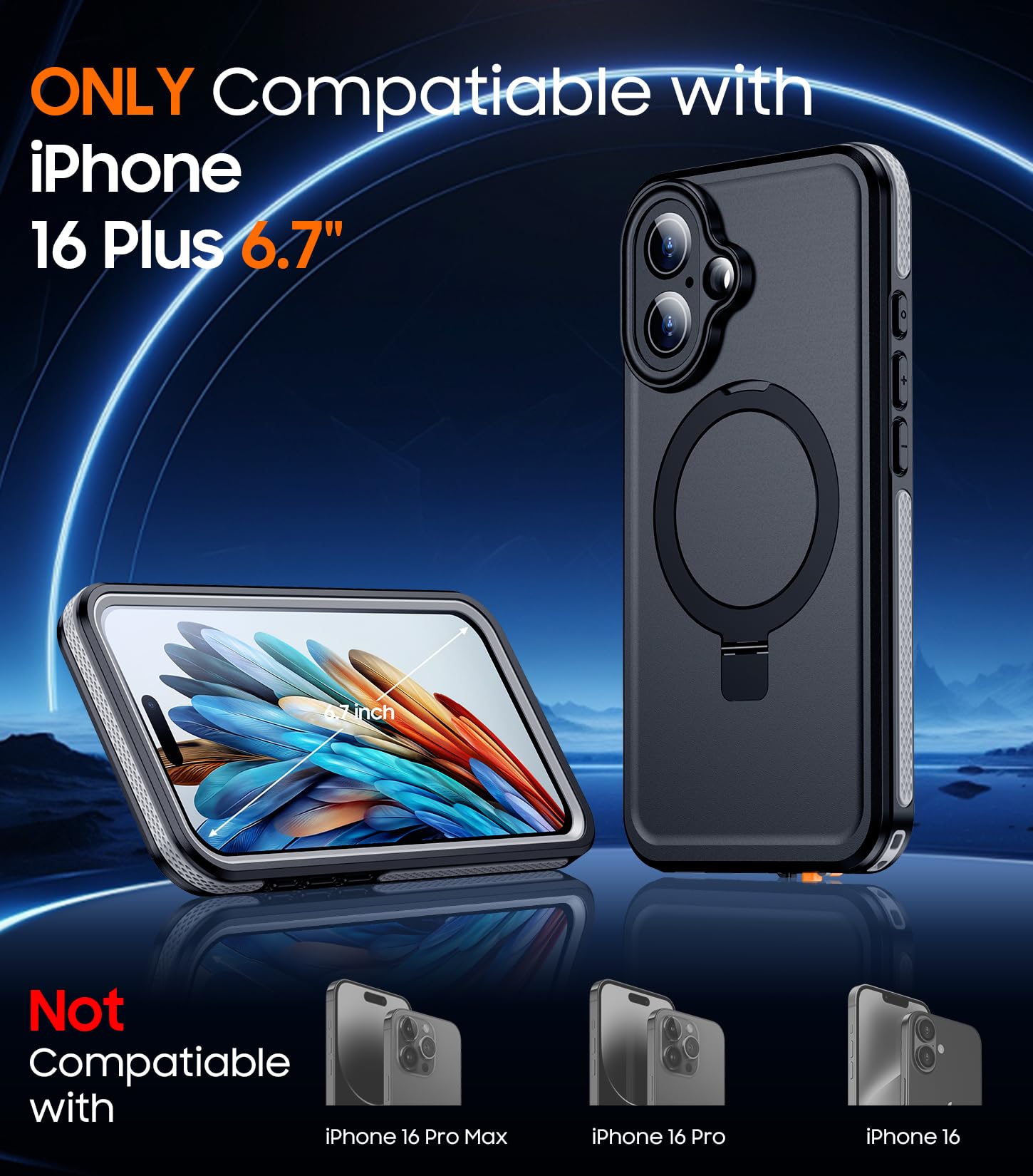 Temdan Magnetic For Iphone 16 Plus Case Waterproof, [Built In Ring Invisible Stand & Screen Protector][Ip68 Underwater][Dropproo