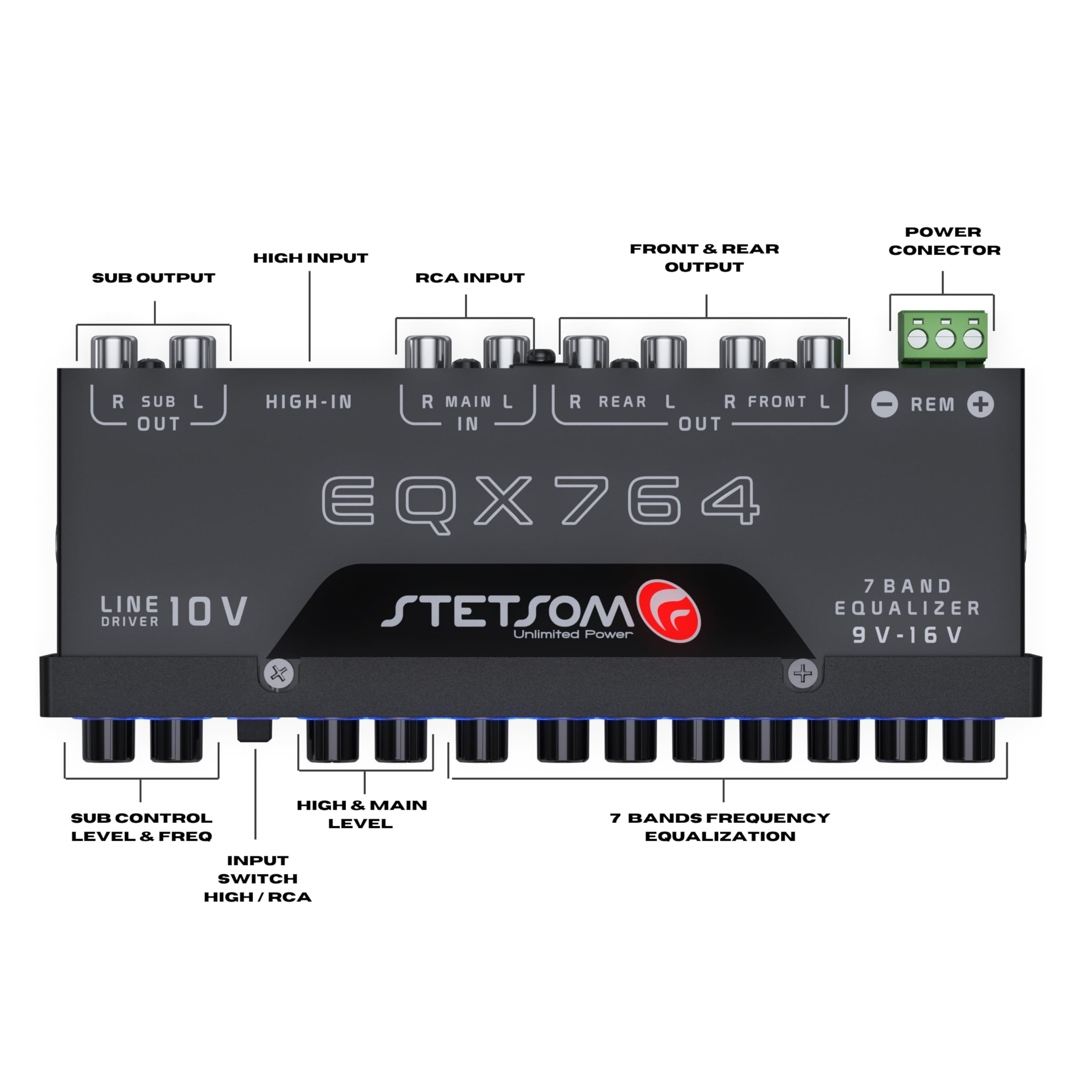 Eqx764 7 Band Equalizer, Pre Amp Car Audio Graphic Equalizer With 4 Inputs (Rca & High) 6 Outputs, 10V Line Driver To Avoid Nois