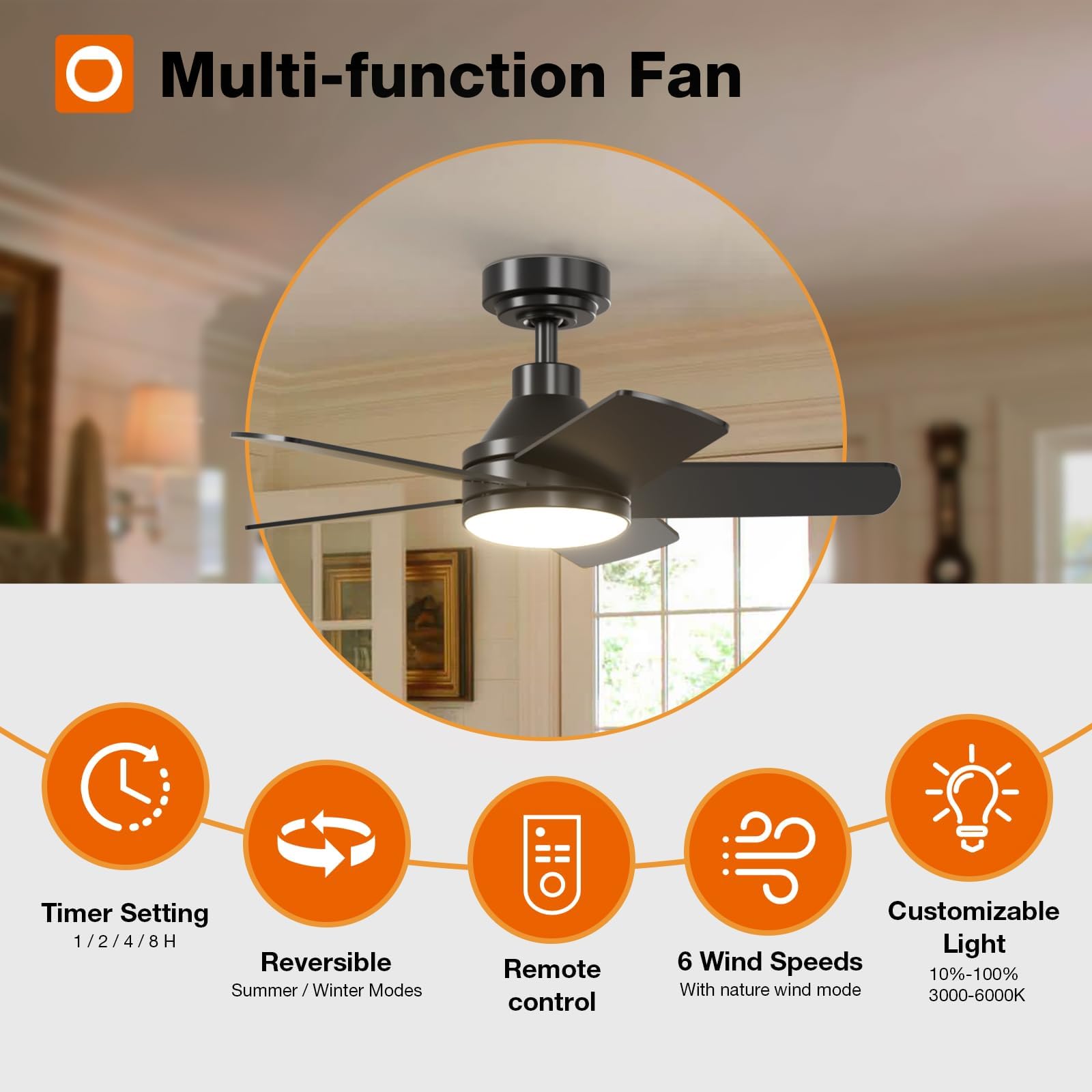 Addlon Ceiling Fans With Lights, 32 Inch Black Ceiling Fan With Light And Remote Control, Reversible, 3Cct, Dimmable, Noiseless,