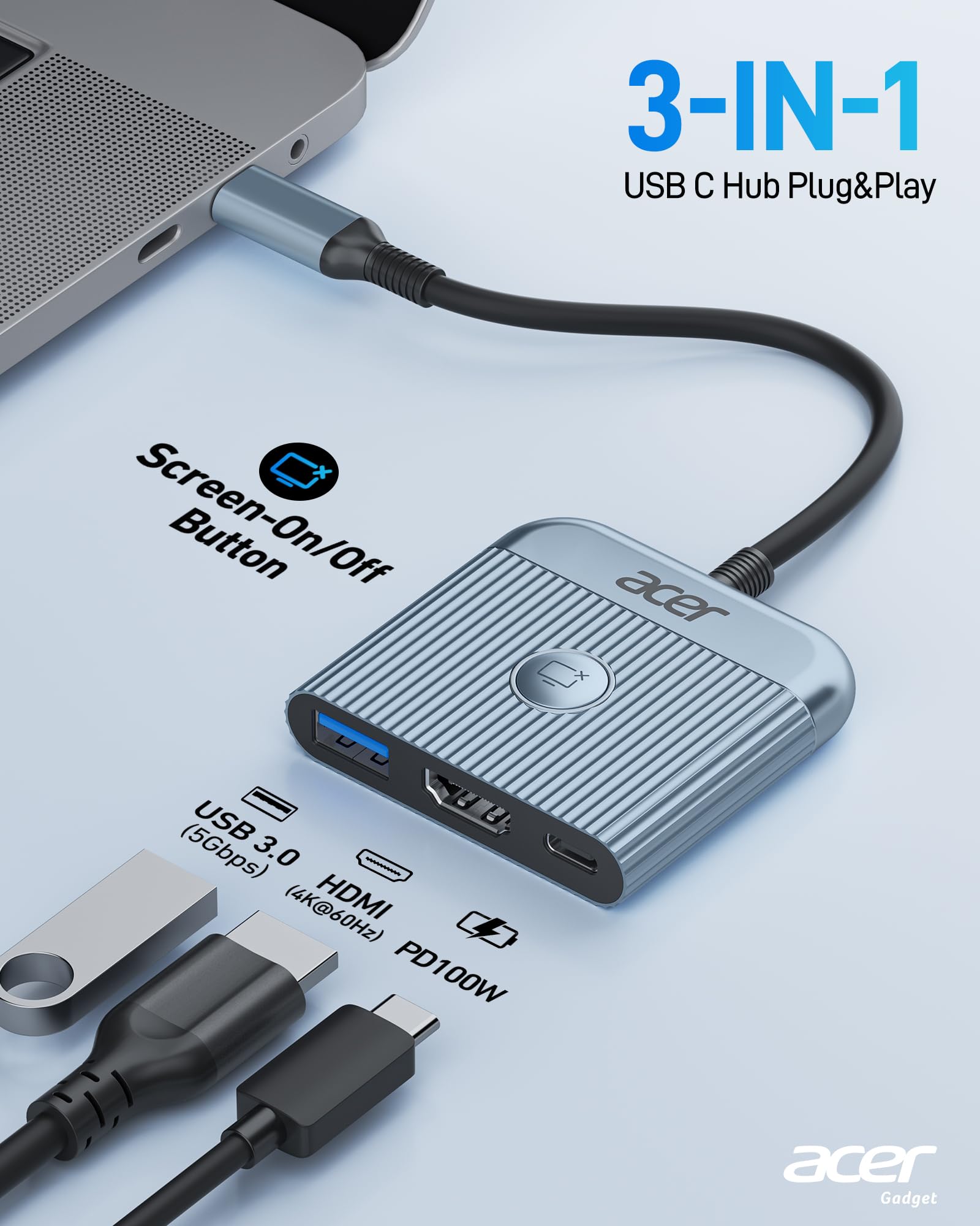 Acer Usb C To Hdmi Adapter, 4K@60Hz Hdmi Adapter With 100W Pd, Usb A 3.0 Port, Usb-C Digital Av Multiport Adapter For Macbook Pr