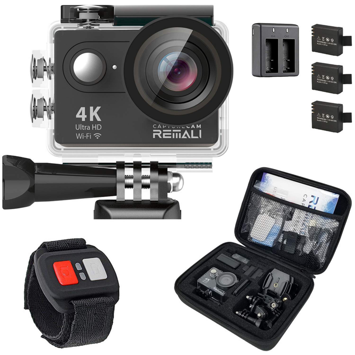 Remali Capturecam 4K Ultra Hd And 12Mp Waterproof Sports Action Camera Kit With Carrying Case, 3 Batteries, Dual Battery Charger