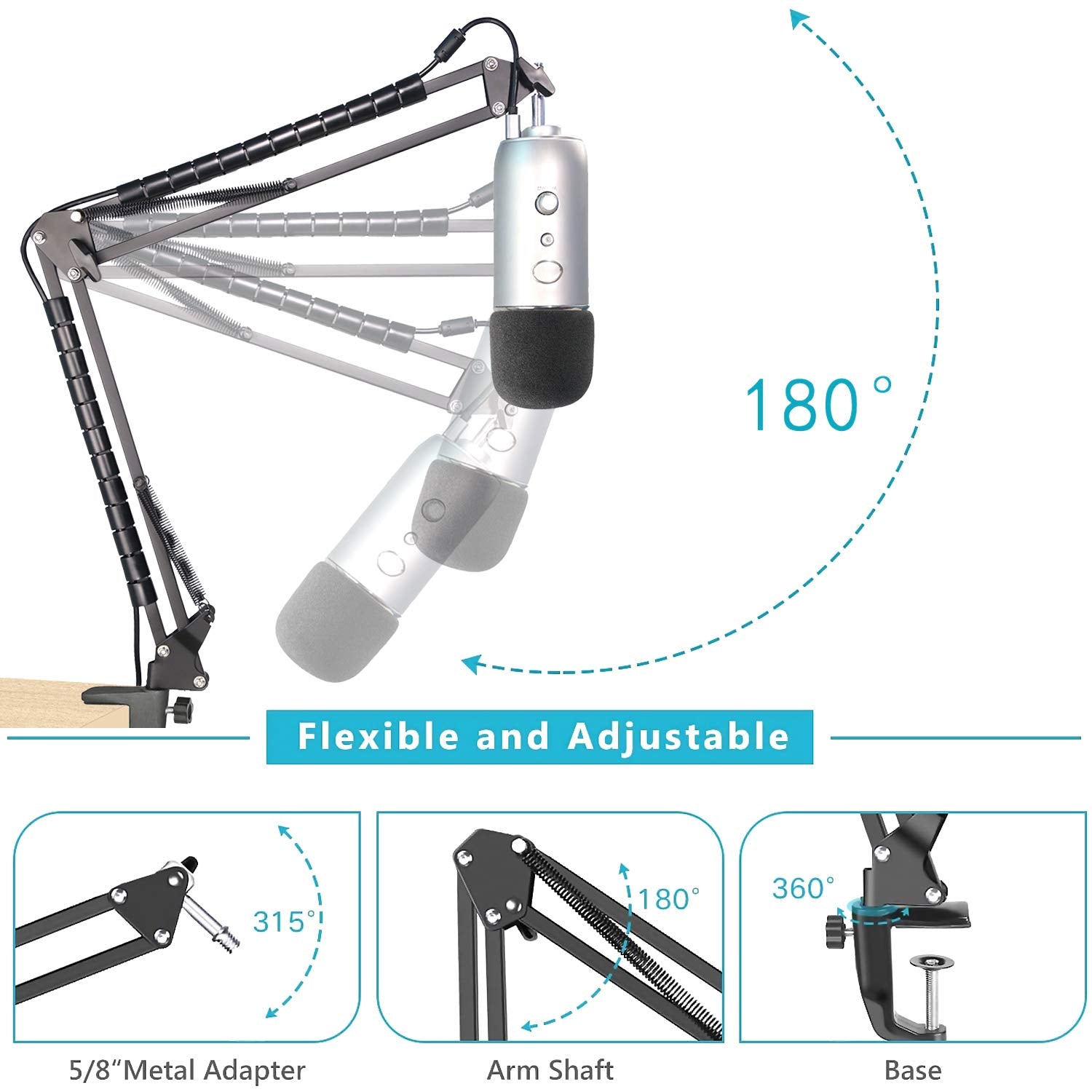 Yeti Mic Boom Arm Stand With Pop Filter, Compatible With Blue Yeti, Blue Yeti Pro Usb Microphone With Cable Sleeve By Sunmon