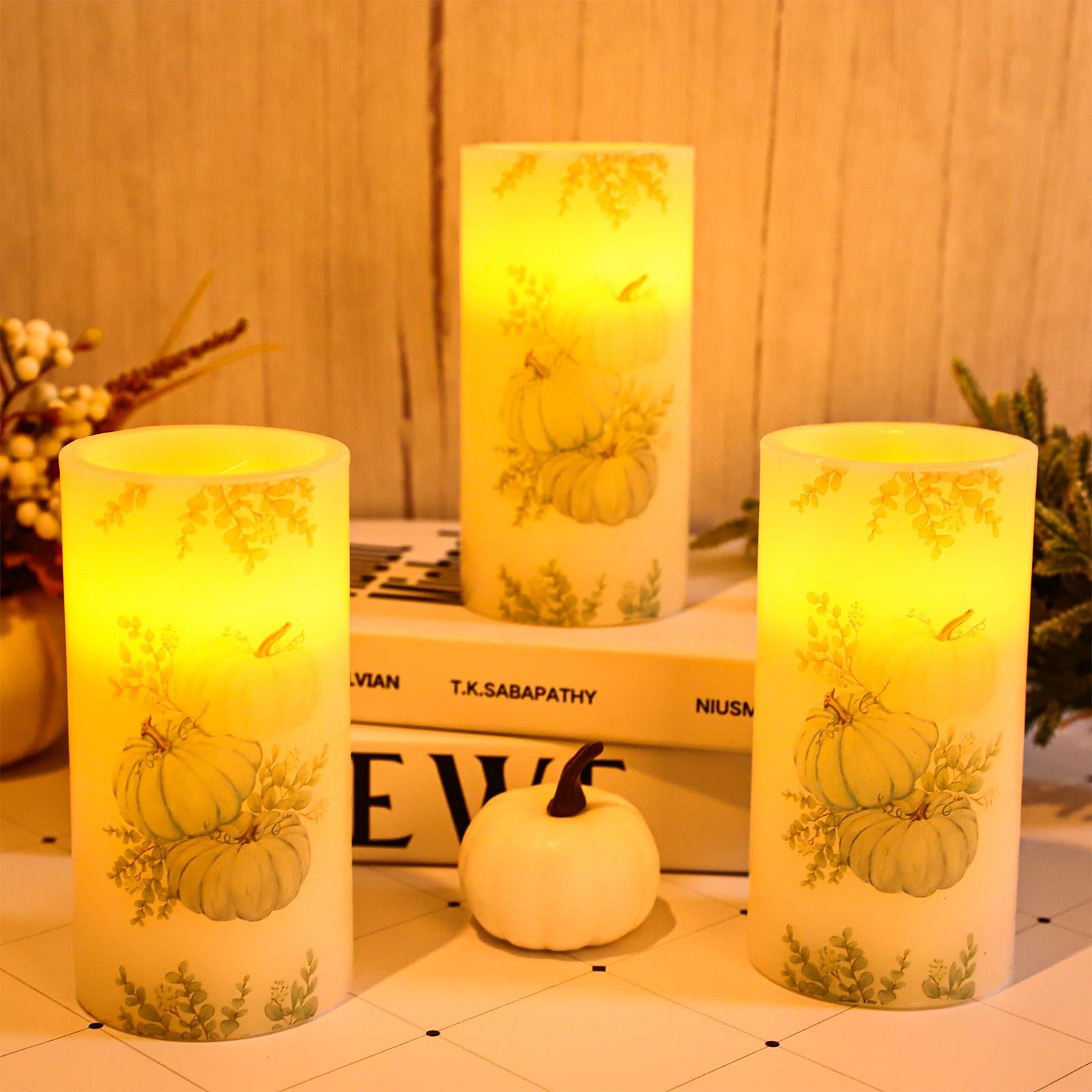 Whaline Fall Led Flameless Candles Blue Pumpkin Warm Light Battery Operated Pillar Candles Autumn Electric Flickering Candles Fo