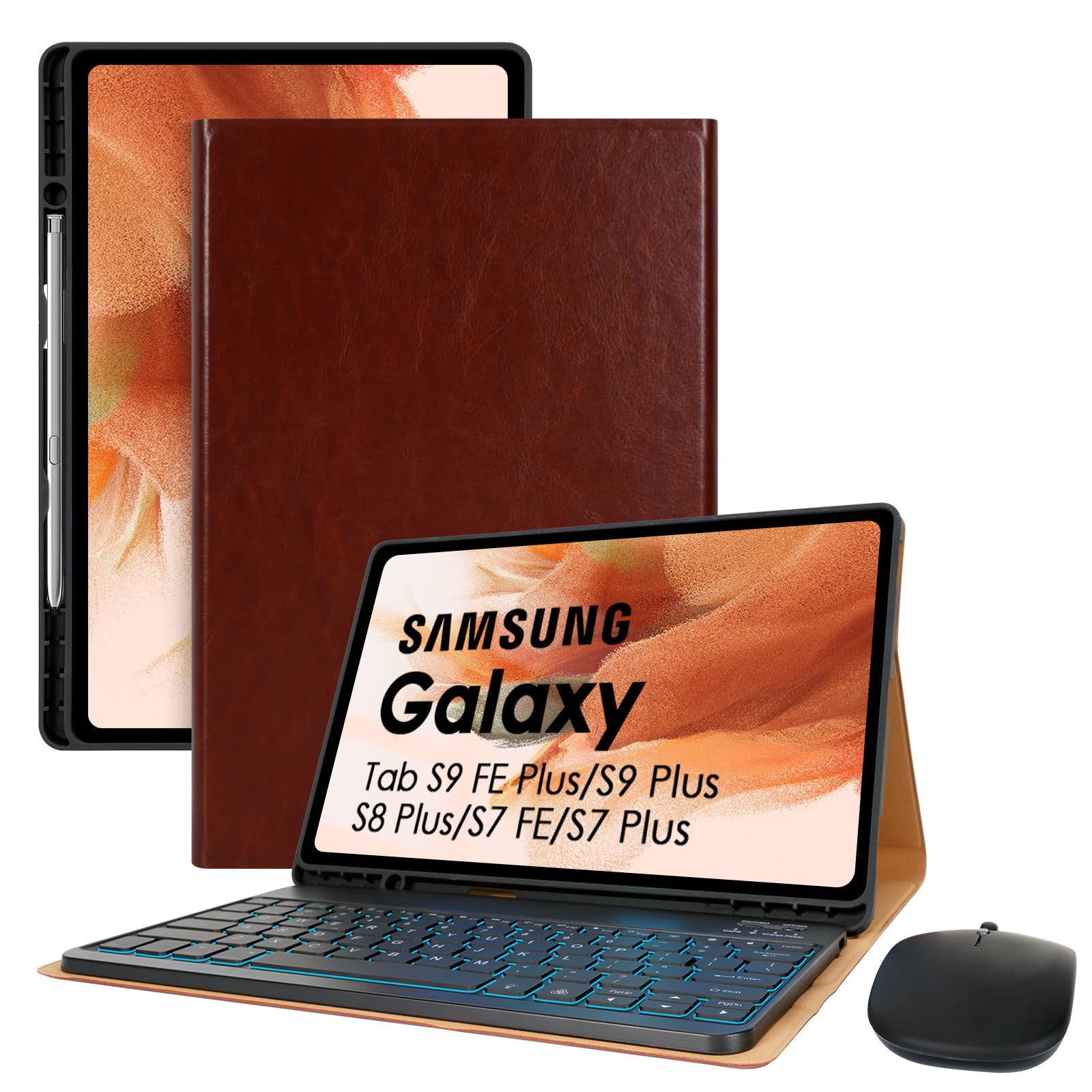 Lama Backlit Keyboard Case With Mouse Set For 12.4 Inch Samsung Galaxy Tab S9 Fe Plus/S9 Plus/S8 Plus/S7 Fe/S7 Plus, Detachable