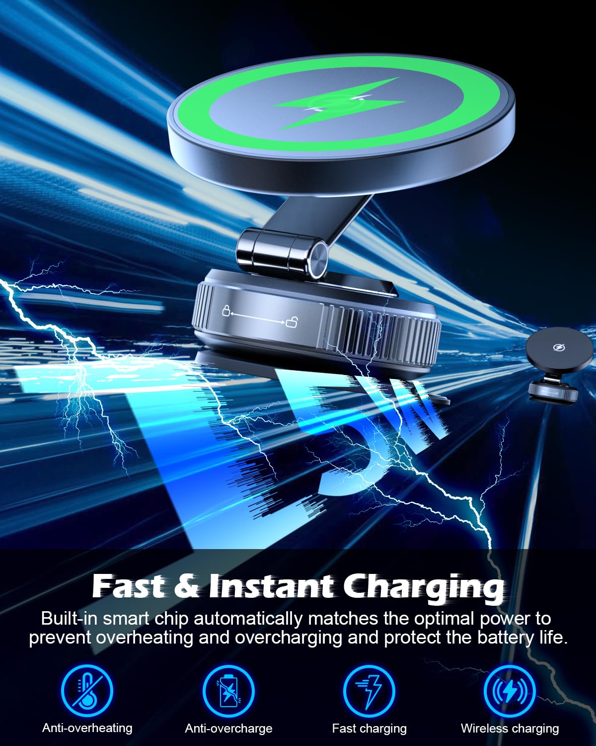 Cloudvalley 15W Magnetic Wireless Car Charger Mount, Nano Gel Vacuum Suction Cup Phone Holder For Dashboard & Windshield, Foldab