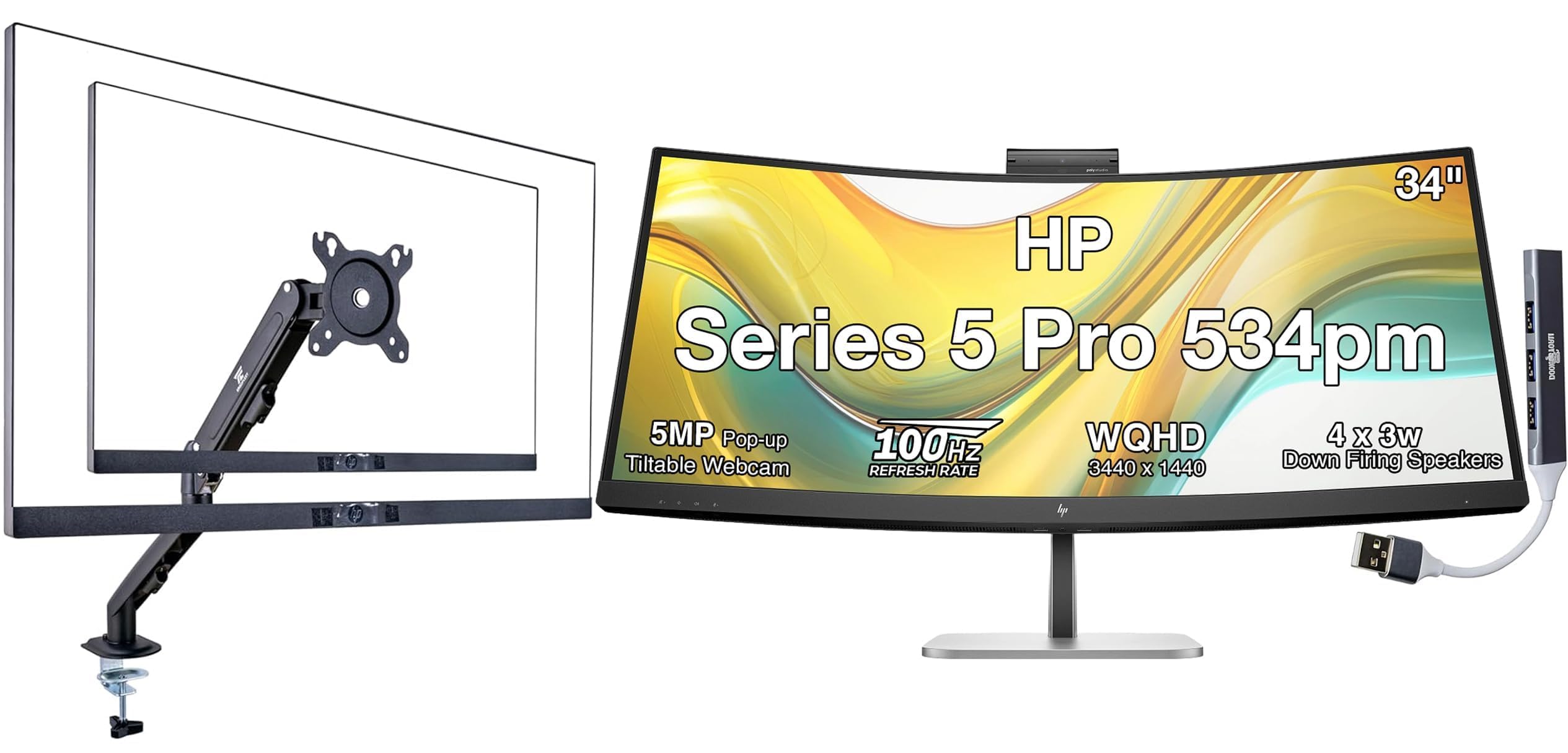 HP Series 5 Pro 534pm 34 WQHD USB-C Conferencing Monitor, 5MP Pop-up Webcam, Tilt, Swivel, AI Noise Reduction Speakers, VESA, HD