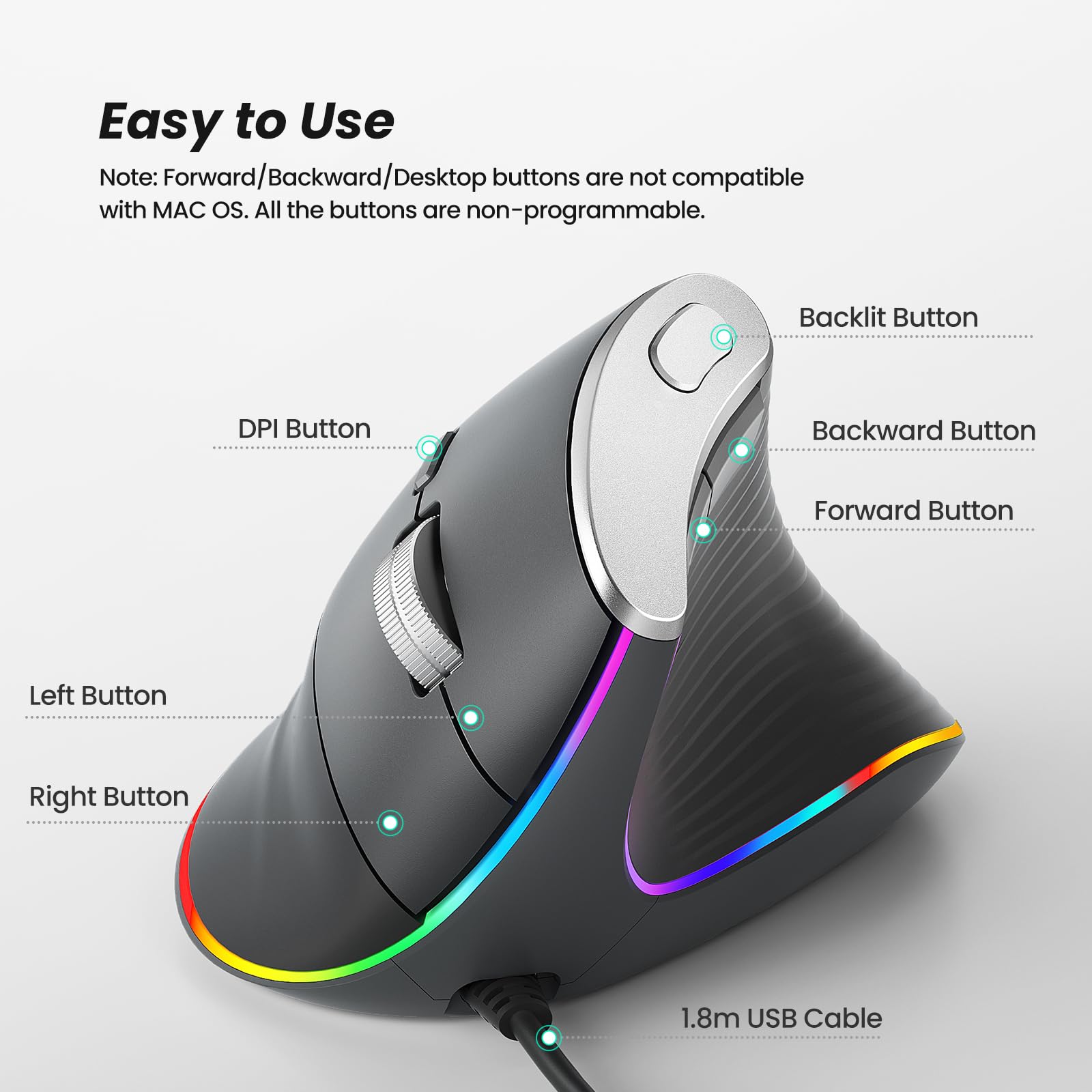 Nulea M504 Wired Vertical Mouse, Usb Ergonomic Optical Mouse With 4 Adjustable Dpi, 11 Rgb Backlight Modes, Compatible For Lapto
