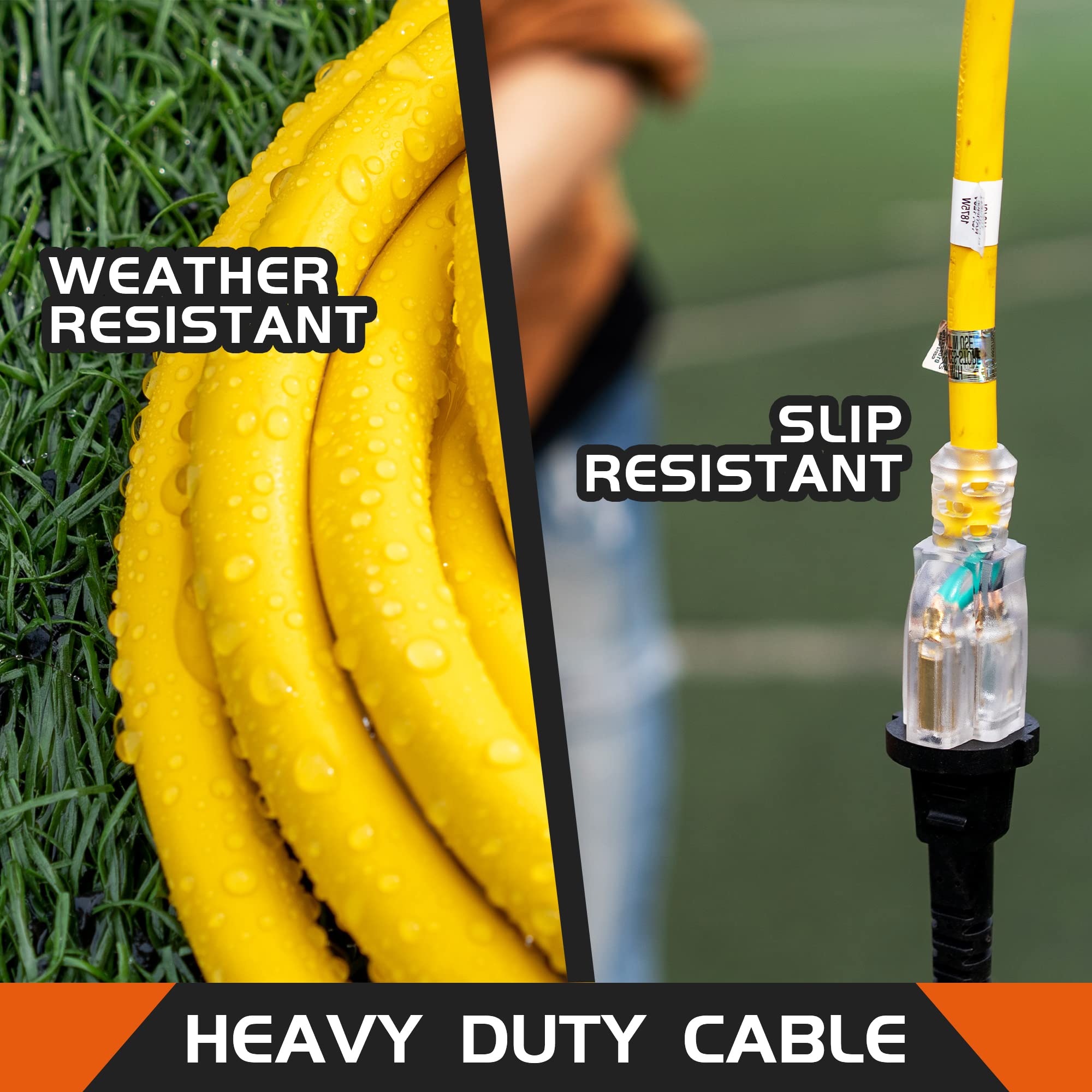 Honderson 15 Ft Lighted Outdoor Extension Cord With 3 Power Outlets,12/3 Sjtw Heavy Duty Yellow Extension Cable With 3 Prong Gro