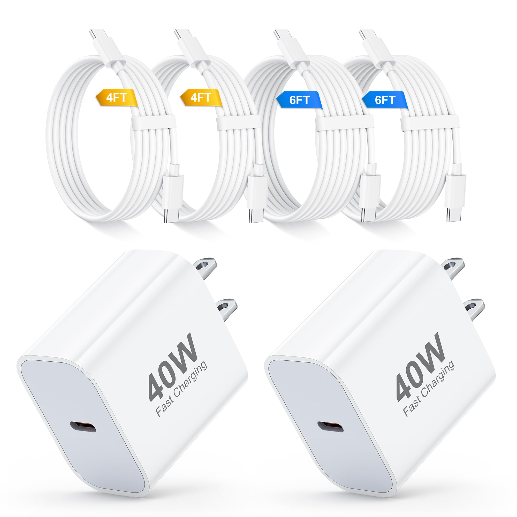 USB C Fast Charger for iPhone 17 16 15 Pro Max Charger Fast Charging,2Pack 40W USB C Wall Charger Block with 4FT + 6FT Type C Ca