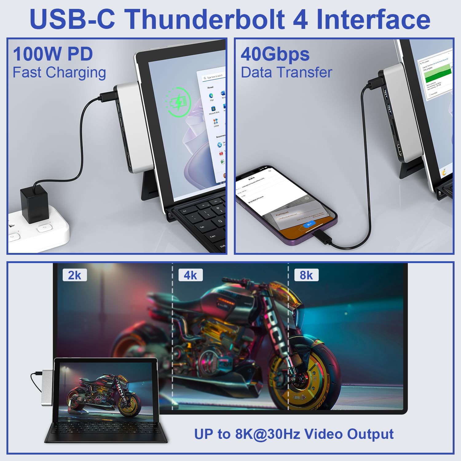 Surface Pro 9 Accessories, Surface Pro 9 Hub Docking Station With 4K Hdmi, Usb C Thunderbolt 4 (Display+Data+Pd), Usb 3.0 * 2, S