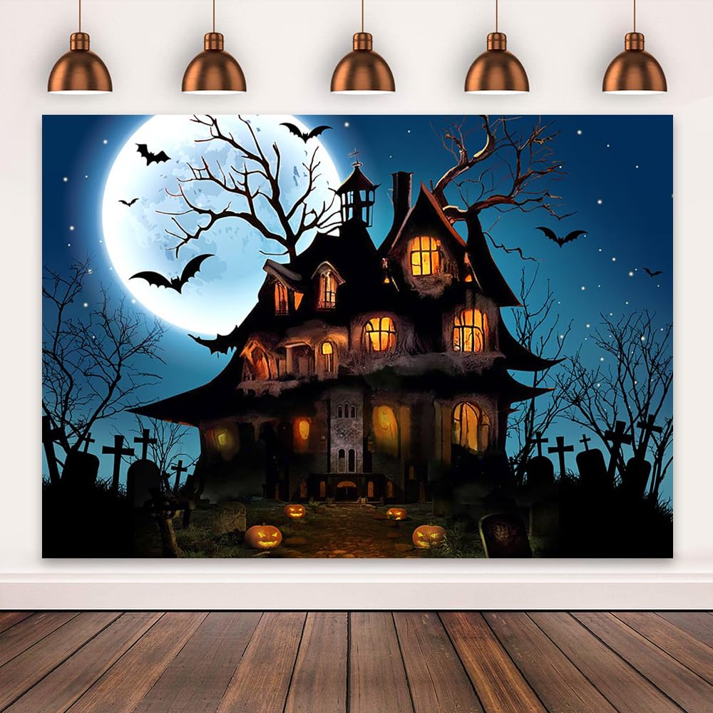 Mocsicka Halloween Backdrop For Photography Blue Night Moon Haunted House Background Spooky Cemetery Hollween Costume Party Deco