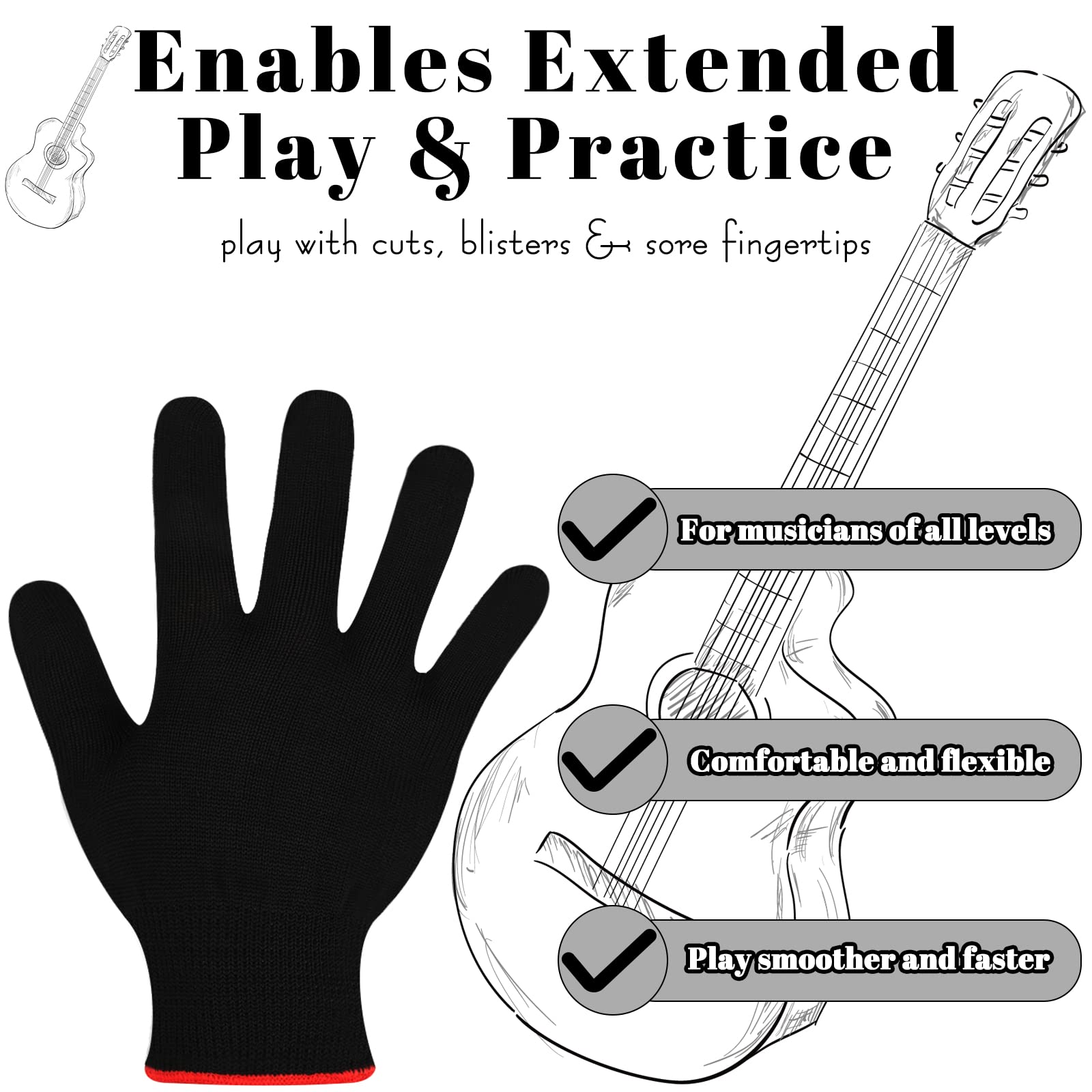 Jiuguva 4 Pieces Guitar Gloves Black Bass Glove For Men Women Guitar Players Finger Hand Protector Instrument Accessories, Mediu