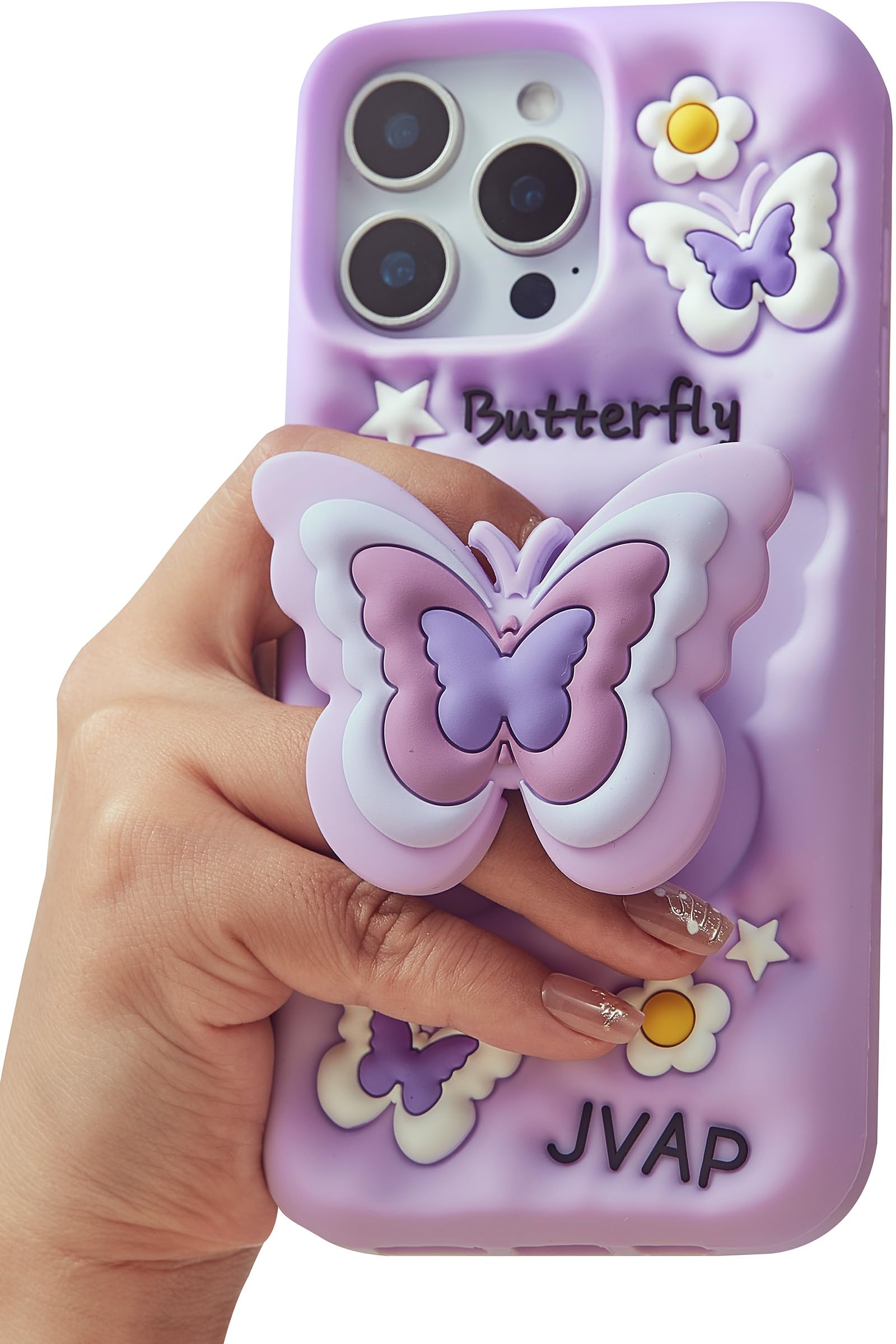 TUFTA Kawaii 3D Butterfly Phone Case for iPhone 12 Pro Max (with Retractable Phone Stand & Grip) Cute Girly Cartoon Soft Silicon