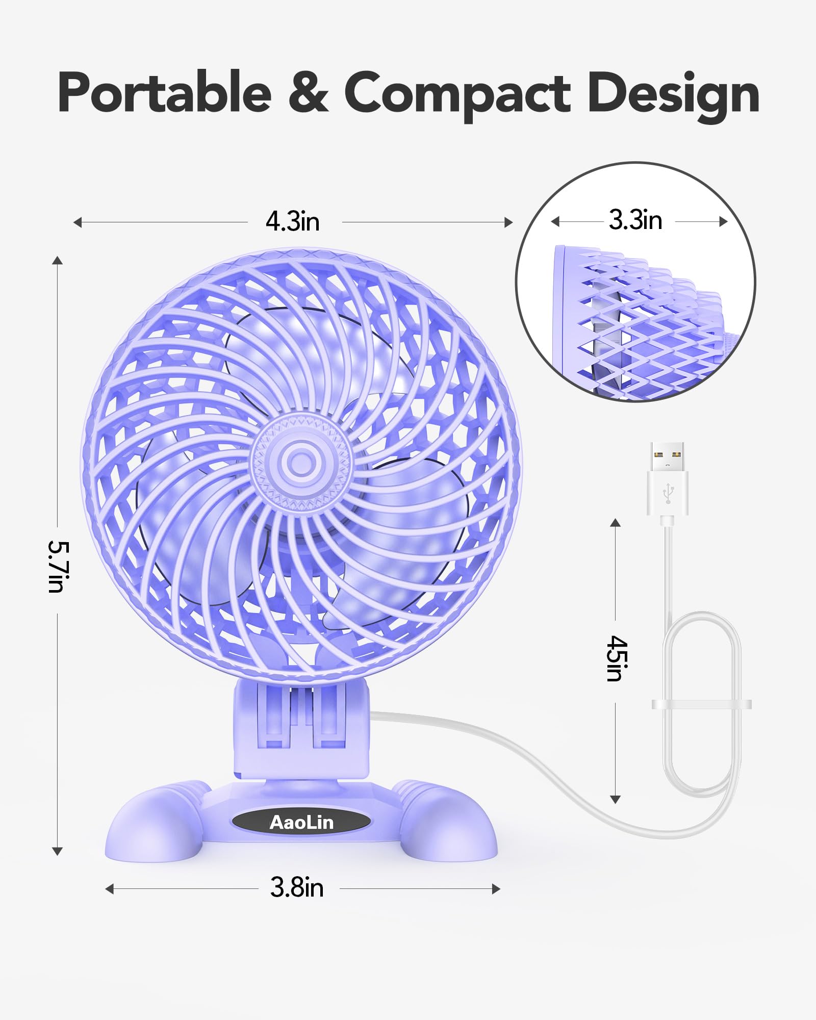 Aaolin Usb Desk Fan, Table Fan With Cvt Variable Speeds, Quiet Portable, Desktop Mini Personal Fan For Room, Home, Office Purple