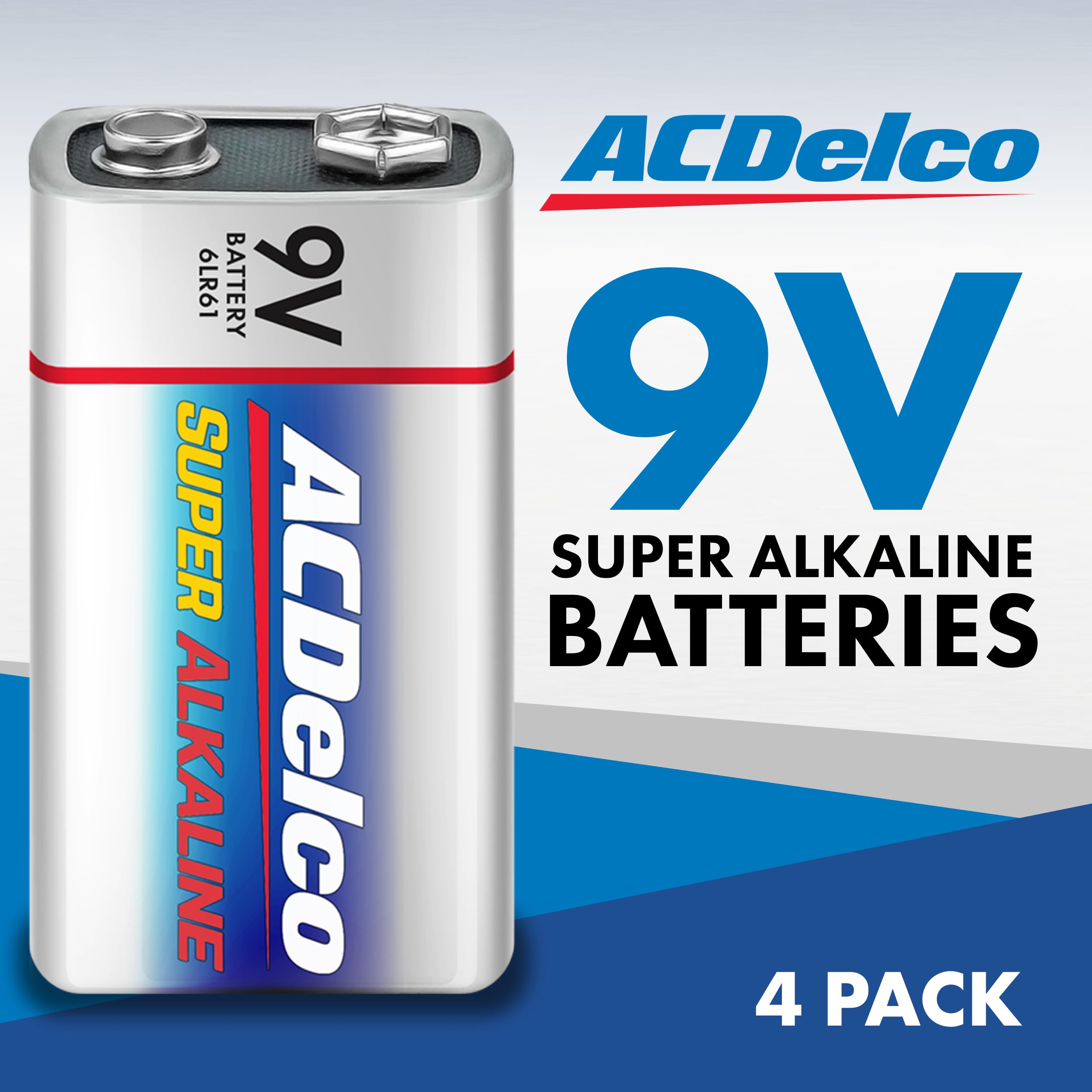Acdelco 4-Count 9 Volt Batteries, Maximum Power Super Alkaline Battery, 7-Year Shelf Life, Reclosable Packaging