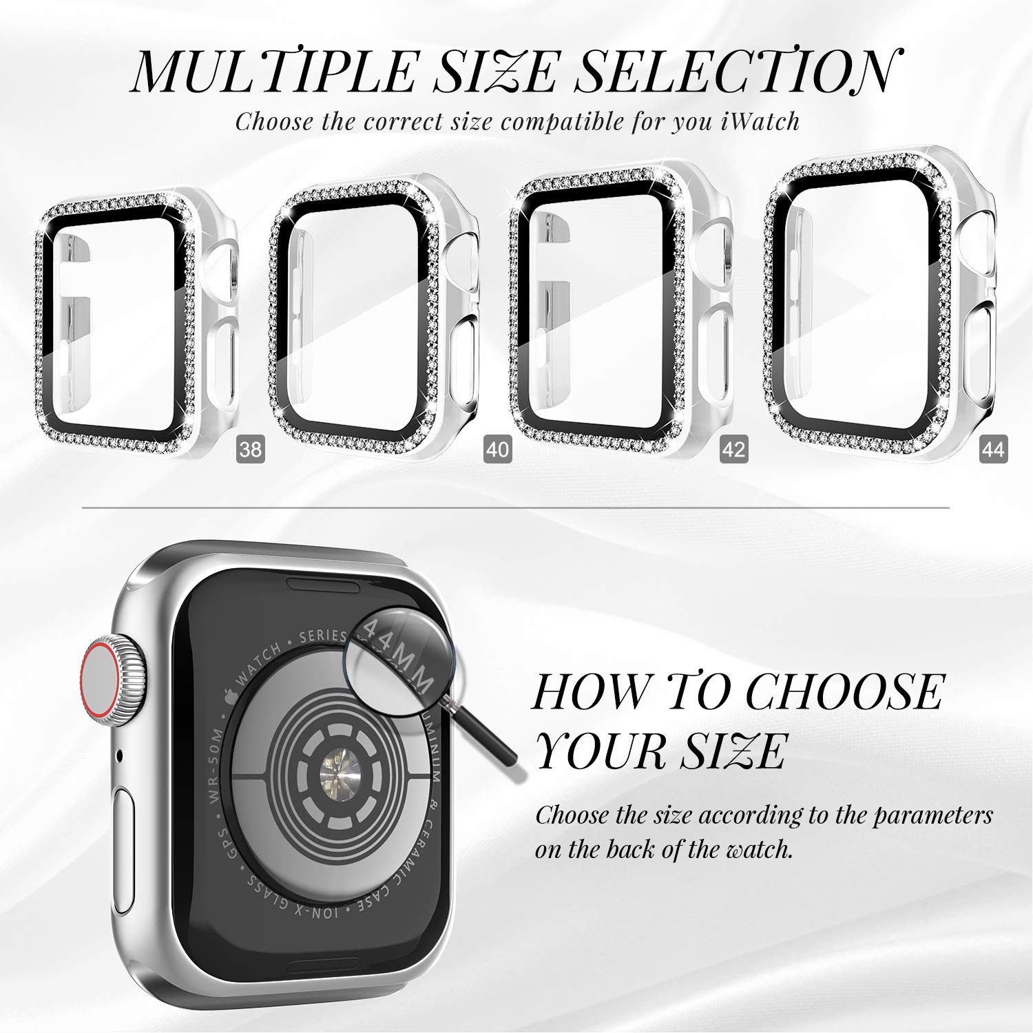 Recoppa Compatible For Apple Watch Case With Screen Protector For Apple Watch 44Mm Series 6/5/4/Se, Bling Crystal Diamond Rhines