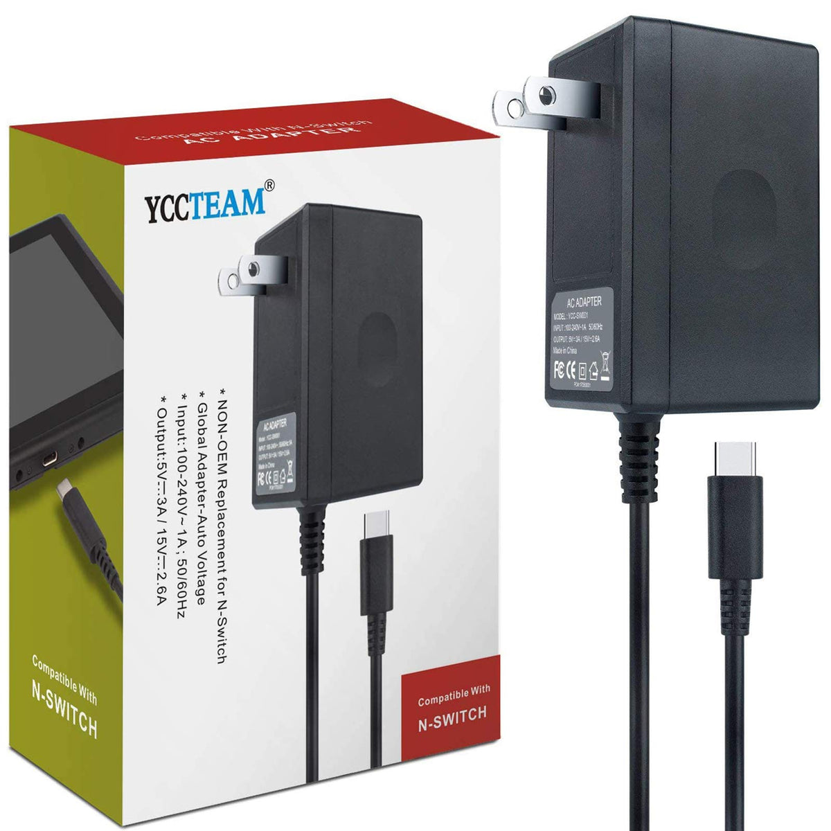 Charger For Nintendo Switch, Yccteam Charger Ac Adapter Power Supply 15V 2.6A Fast Charging Kit Compatible With Switch Oled/Swit