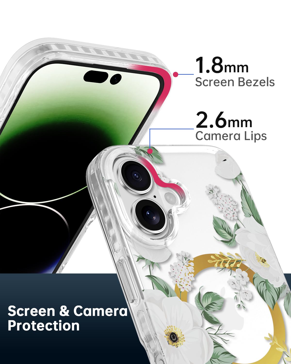 Scorpify For Iphone 16 Case [Compatible With Magsafe] With White Rose Floral Design, Cute Clear Flower Magnetic Phone Cover For