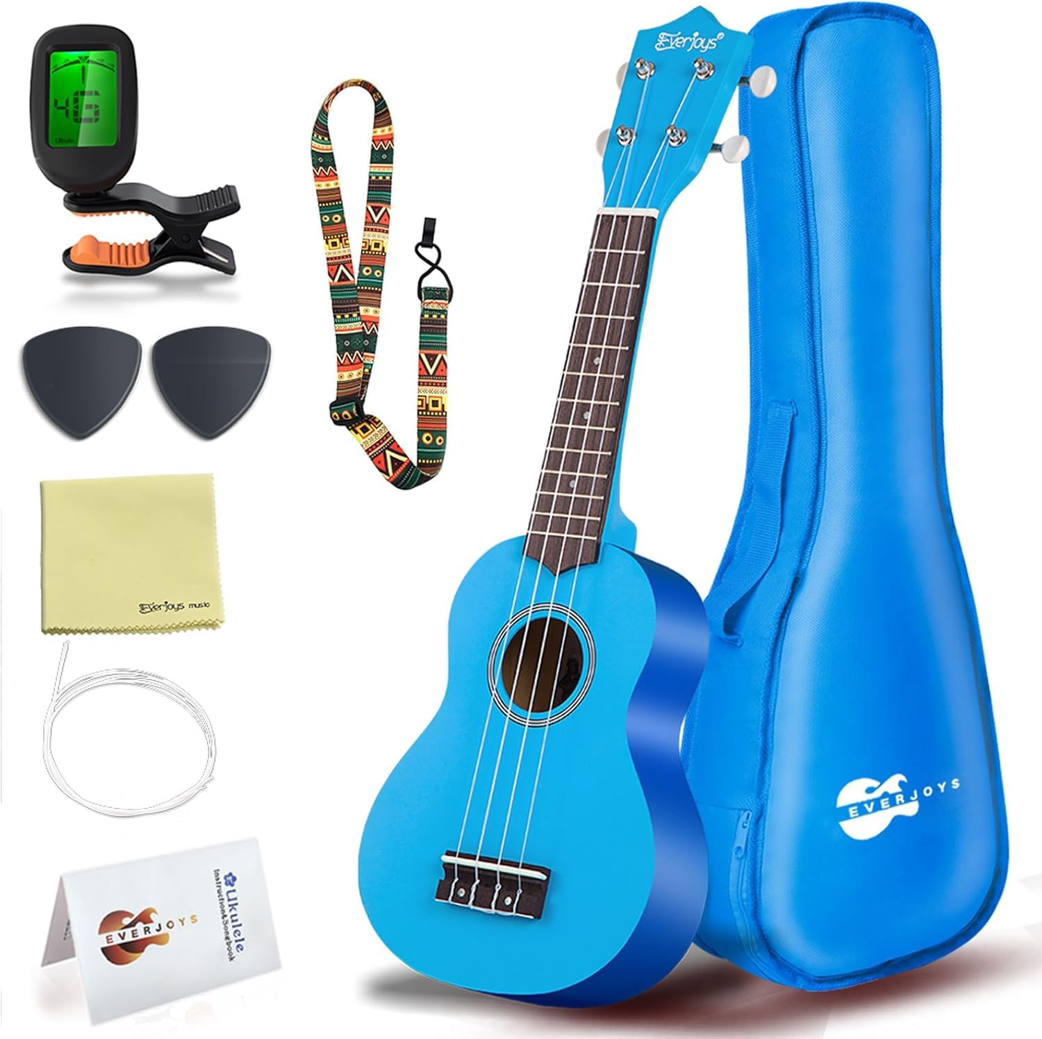 Everjoys Soprano Ukulele Beginner Pack 21 Inch W/Free Online Lesson Gig Bag How To Play Songbook Digital Tuner Pick Polishing Cl