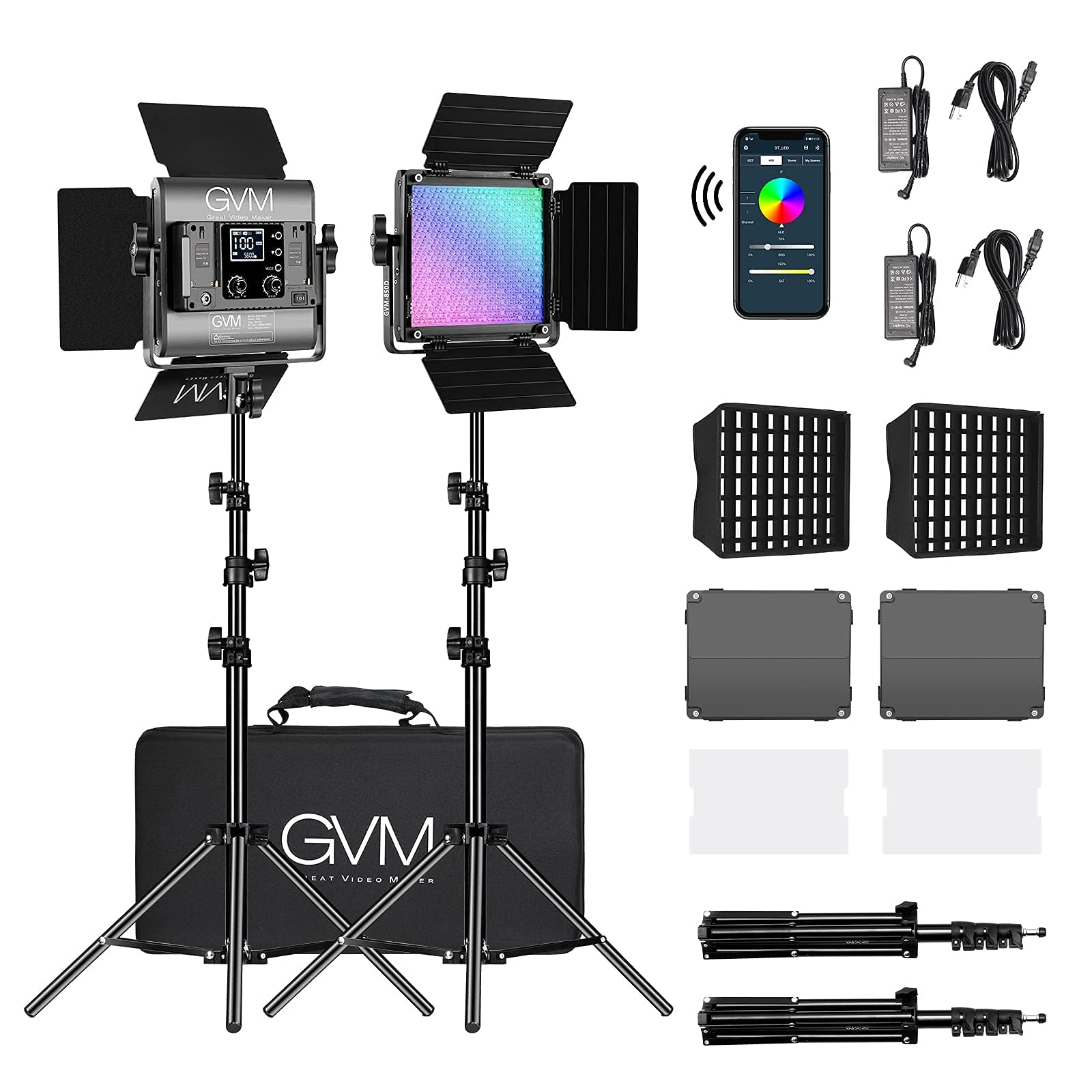 Gvm 850D Rgb Led Video Lights With 2 Softboxes Stand, 360  Full Color Video Lighting Panel With App Control,2 Packs Photography