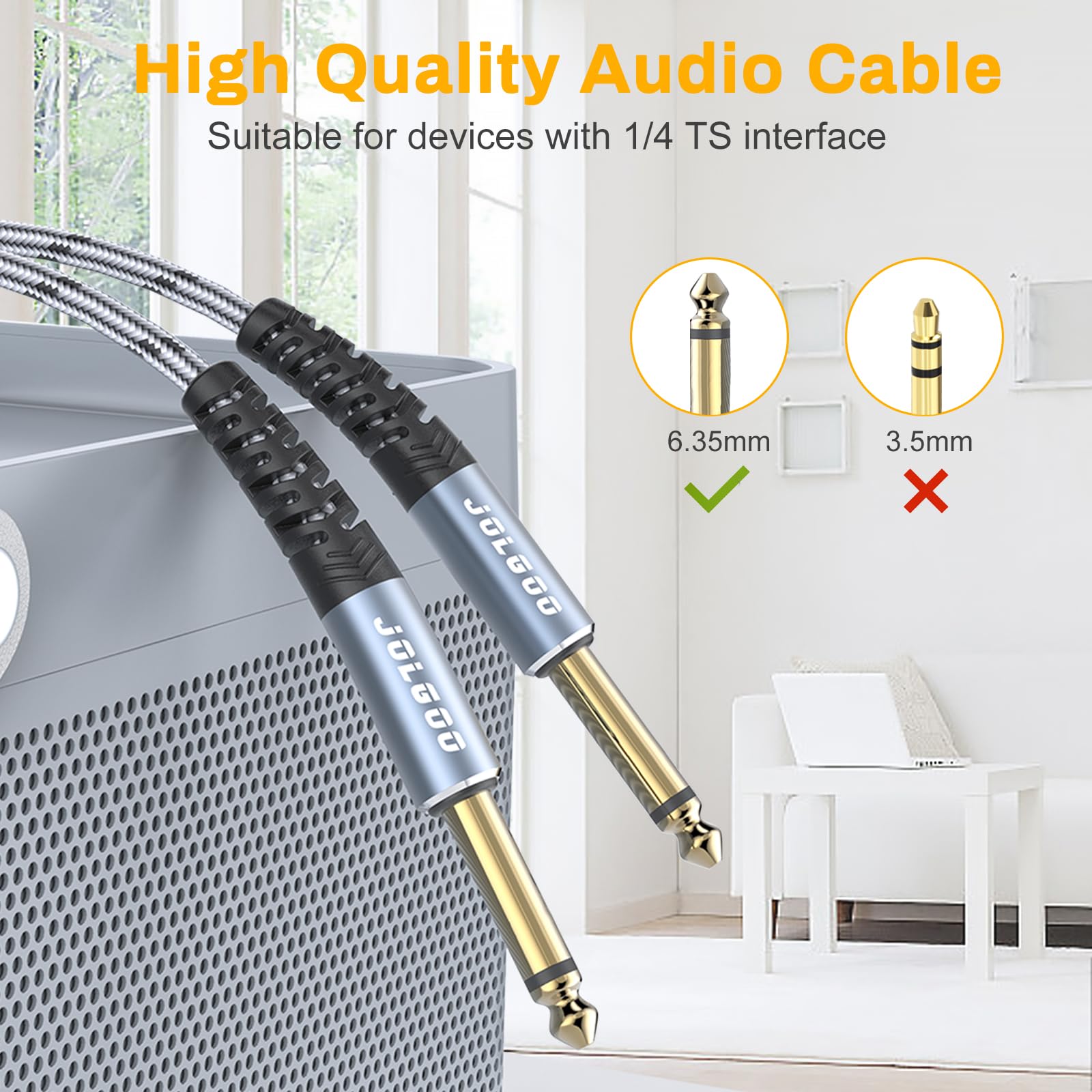 Jolgoo 1/4 Inch Guitar Instrument Cable 20 Ft 2 Pack, 1/4 Inch Ts Guitar Cable, Quarter Inch Cable, For Electric Guitar, Bass, K