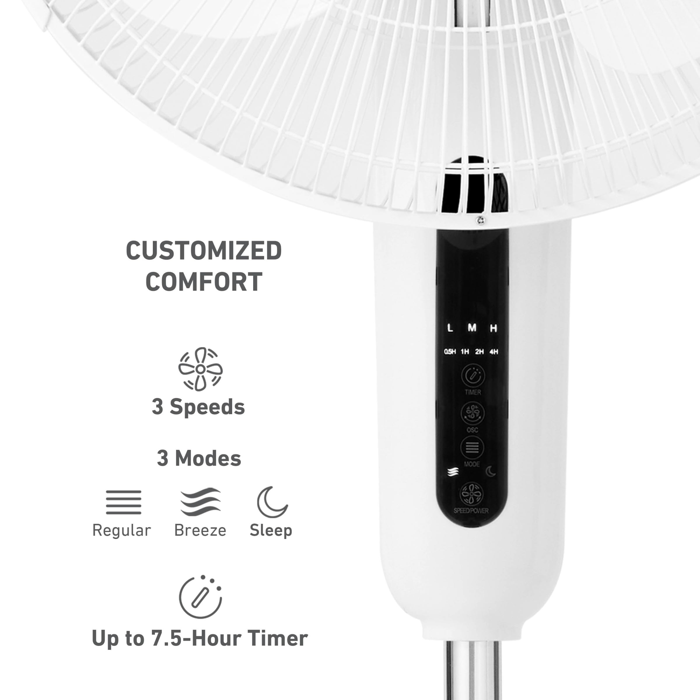 Holmes 16'' Digital Stand Fan, 80 Oscillation, 3 Speeds, 3 Modes, 7.5 Hour Timer, Adjustable Height, 30 Head Tilt, Ideal For Hom