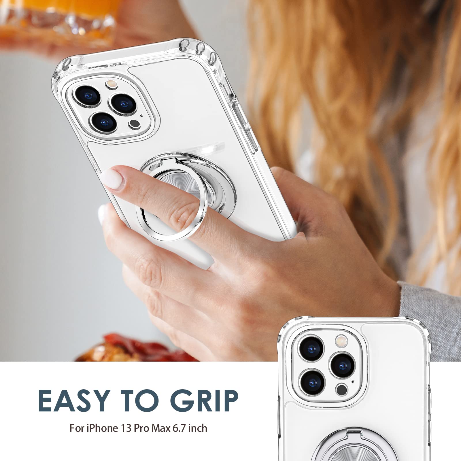 Hython For Iphone 13 Pro Max Case With Ring Stand [360 Rotatable Ring Holder Magnetic Kickstand] [Support Car Mount] Transparent