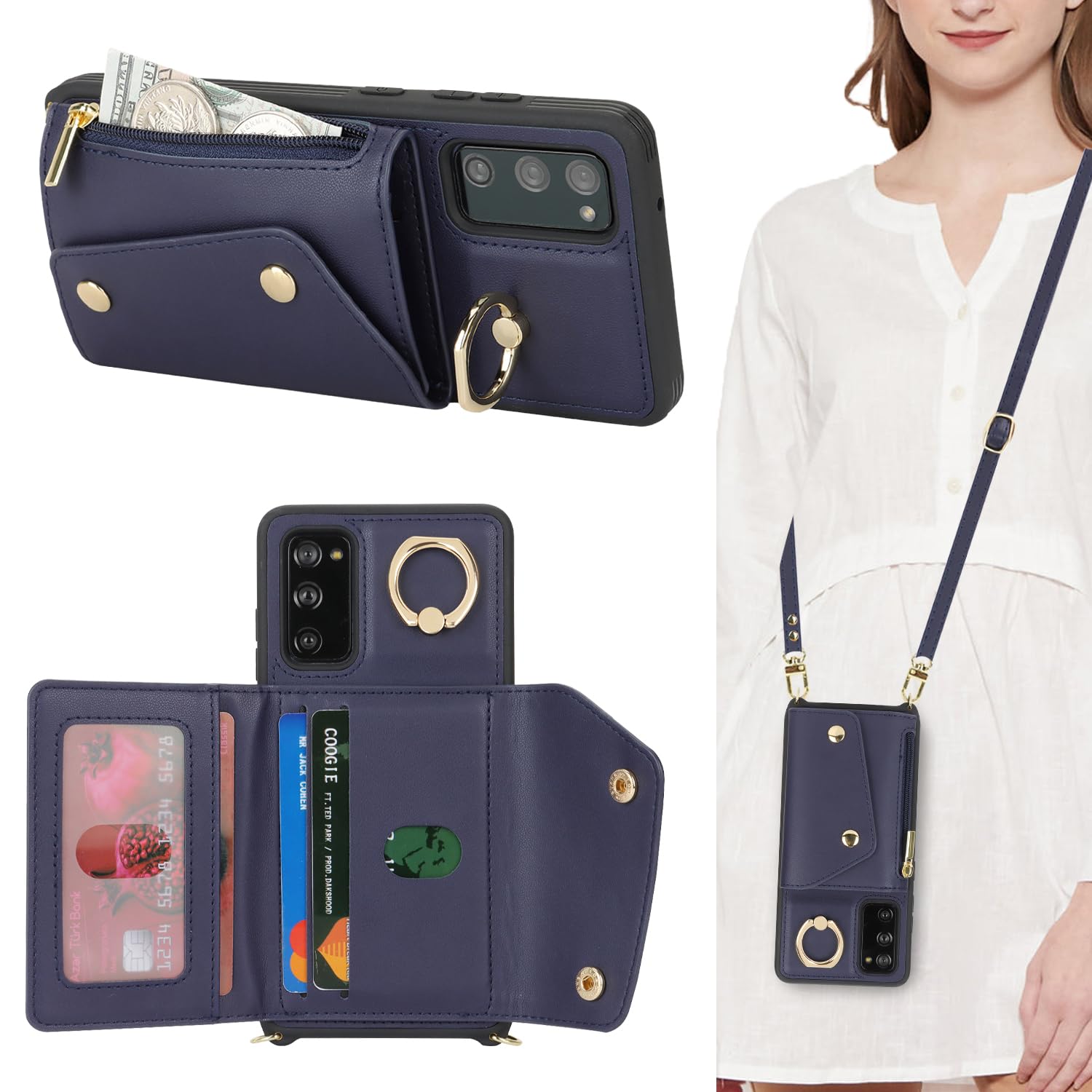 Lipvina for Samsung Galaxy S20 FE Case with Card Holder and Strap - Zipper Pocket,Crossbody Lanyard Strap,Credit Card Holder,Sta