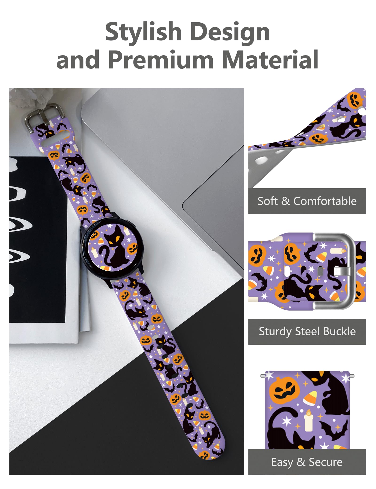 Vieeki Halloween Pumpkin Cats Silicone Watch Band, Compatible With Samsung Galaxy Watch 41Mm 46Mm, Purple, Adjustable Size, Spoo