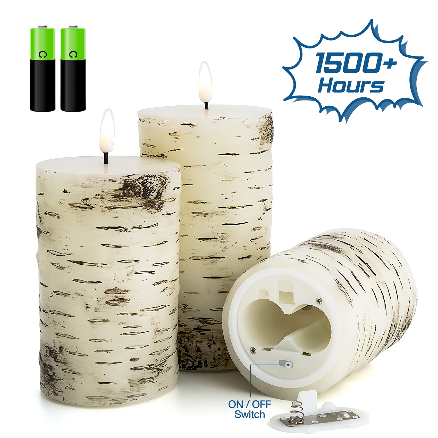 Eywamage Birch Wood Flameless Pillar Candles With Remote, Flickering Led Wax Battery Candles Set Of 3, Christmas Fall Decorative