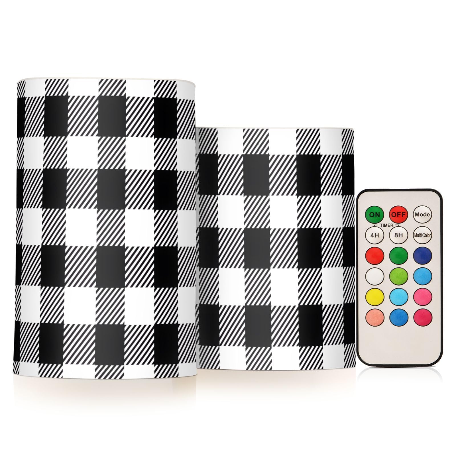 BOENLE Flickering Flameless Candles, Black White Buffalo Plaid LED Candles with Remote Timer, Set of 2 Battery Operated Candle f