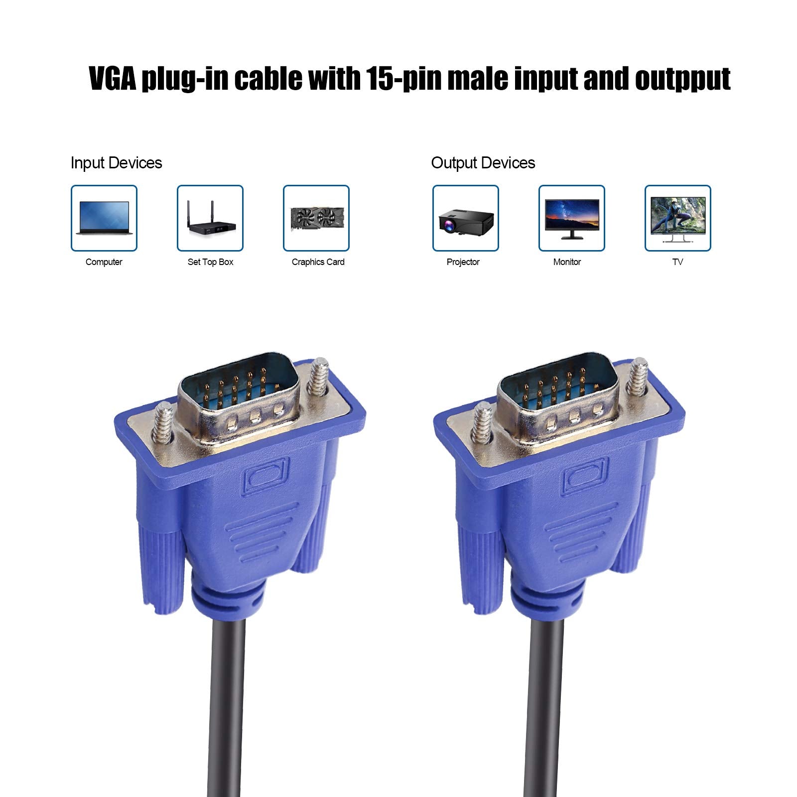 Enuoda Blue Vga Cable 15 Pin Male To Male Plug Computer Monitor Cable Wire Cord