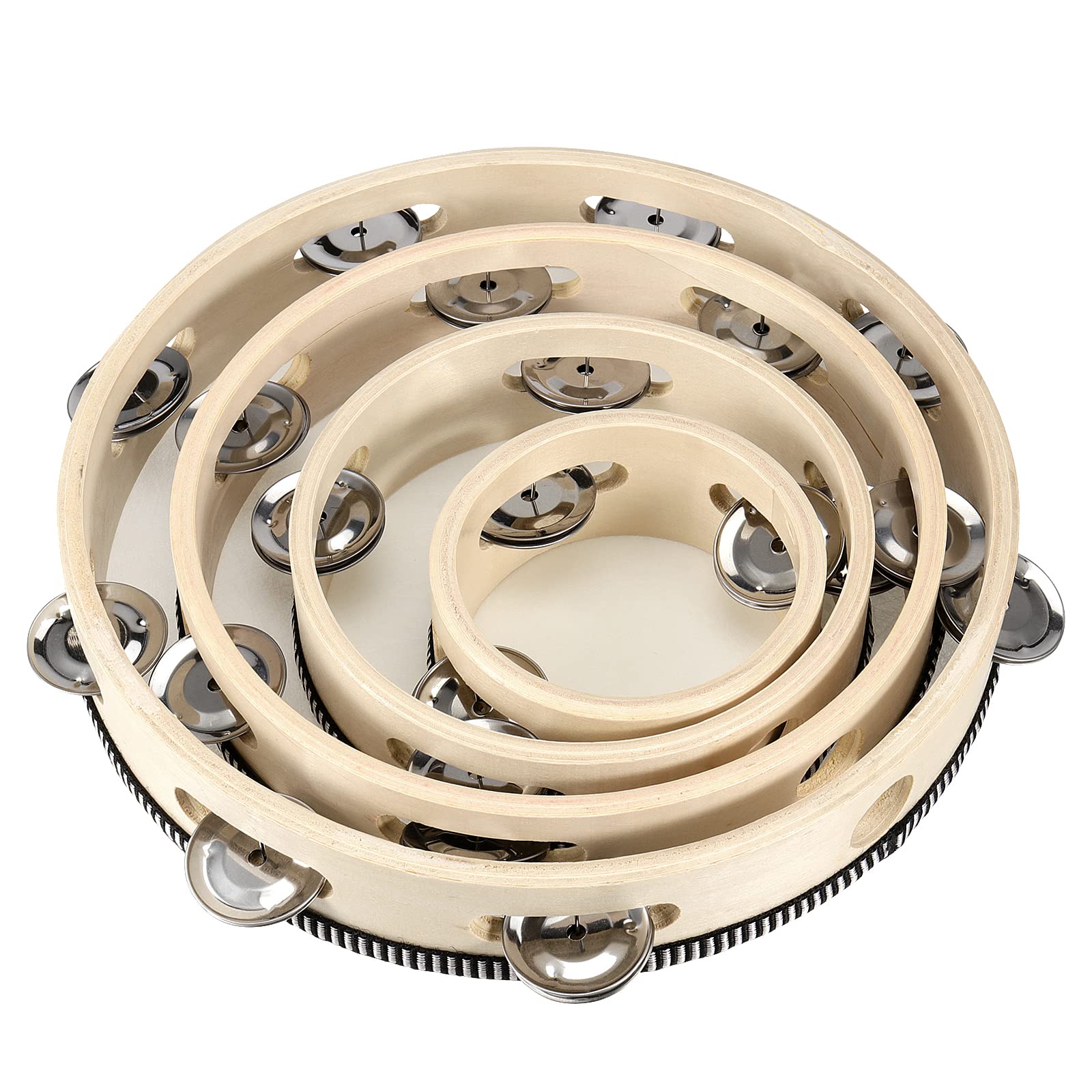 Mahiong 4 Pcs 4'' 6'' 8'' 10'' Wooden Tambourine, Musical Instrument Tambourine Set, Handheld Drum Bell Metal Jingles Single Row