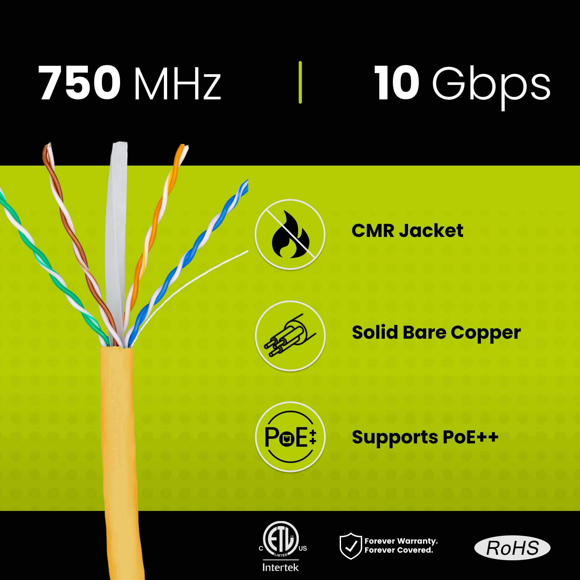 Truecable Cat6A Riser (Cmr), 1000Ft, Yellow, 23Awg 4 Pair Solid Bare Copper, 750Mhz, Poe++ (4Ppoe), Etl Listed, Unshielded Twisted Pair (Utp), Bulk Ethernet Cable