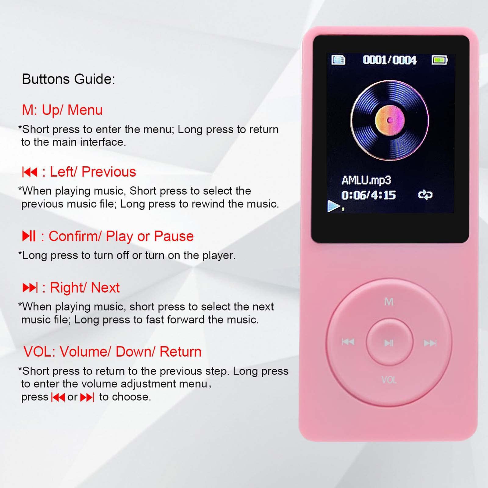 64Gb Mp3 Player, Portable Music Player For Kids With Earphone Speaker, Support Photo/Video Play/Voice Recorder/E Book Reader, Pi