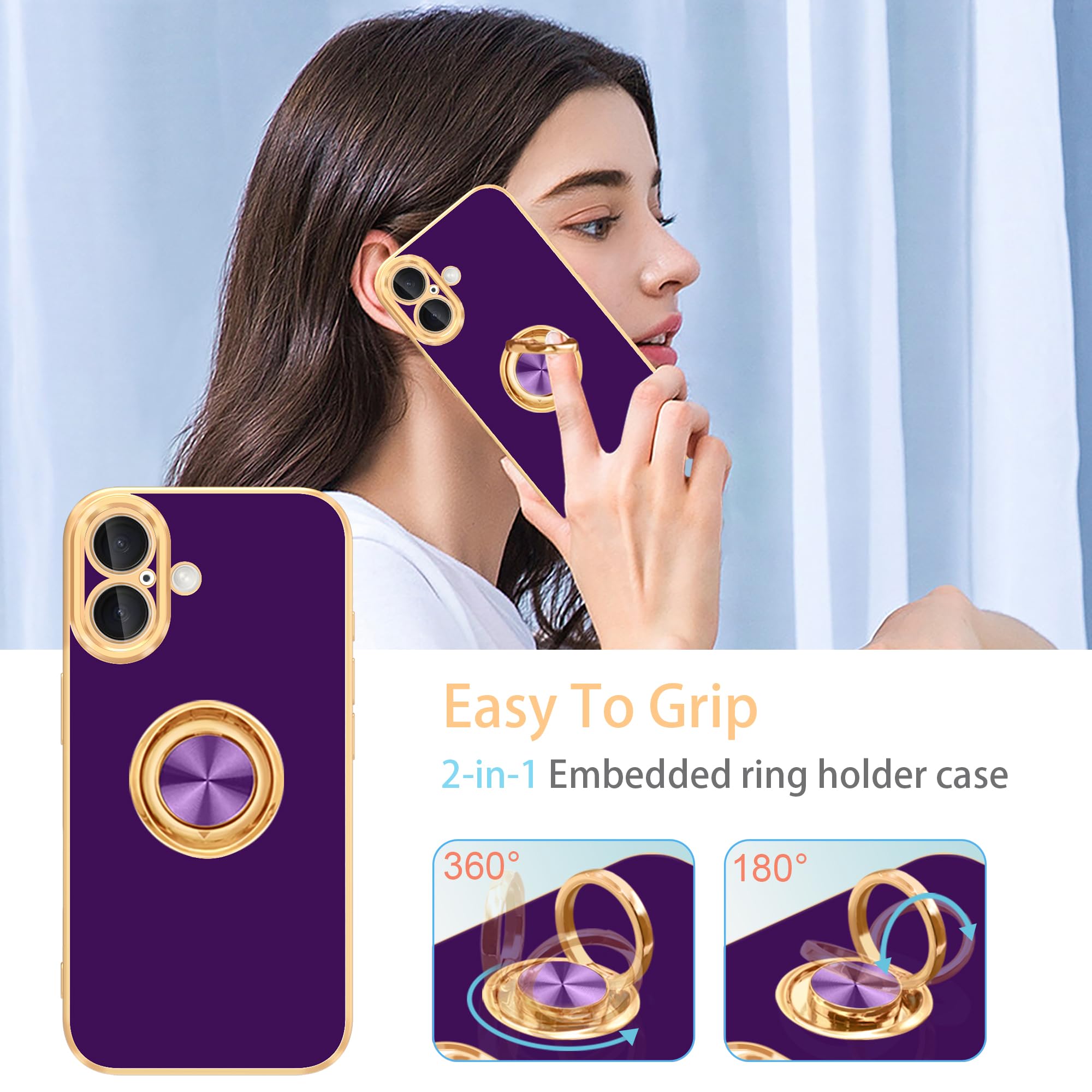 Fingic For Iphone 16 Phone Case[With 360 Ring Holder][Support Magnetic Car Mount]Cute Kickstand Slim Women Girls Nonslip Hard Pc