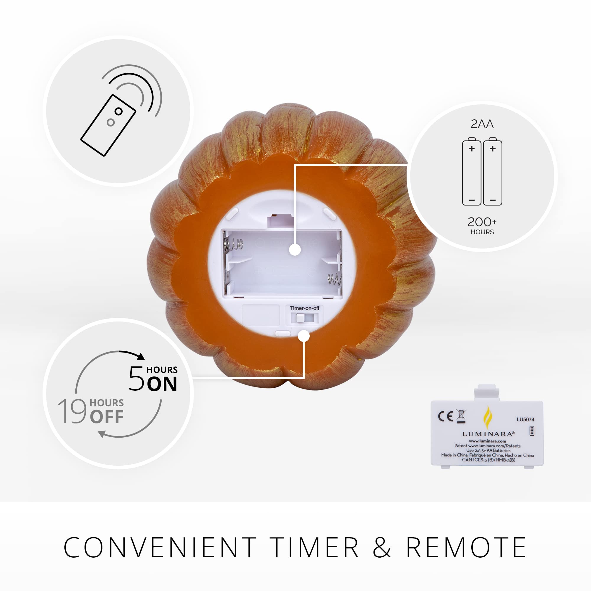 Luminara Pumpkin Figural Flameless Flickering Moving Flame Led Candle (5'' X 4.5''), Metallic Finish Real Unscented Wax, Time Fu