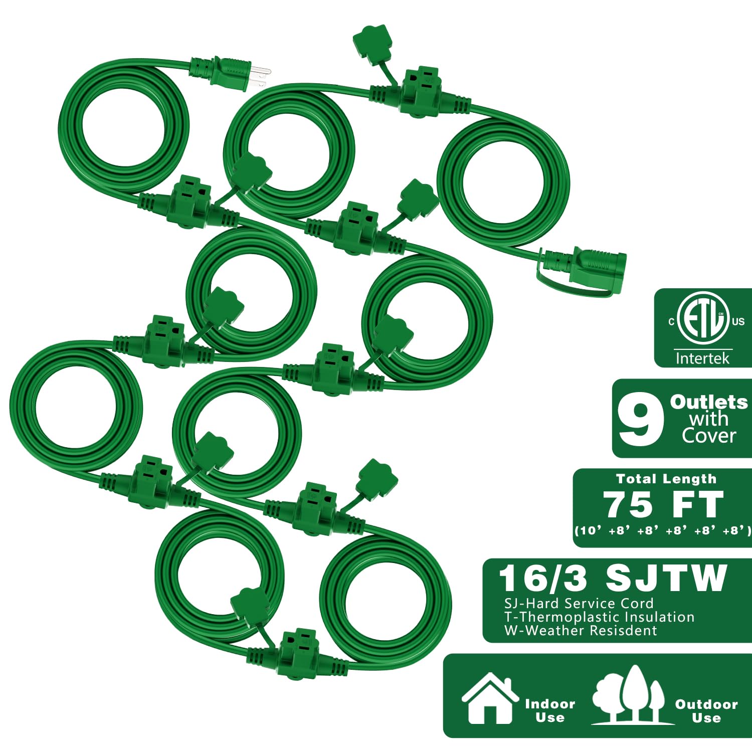 K Kasonic   Outdoor Extension Cord 75 Ft, Evenly Spaced 9 Outlets Plugs, 16/3 Sjtw Weatherproof Multiple Outlets Wire For Landsc