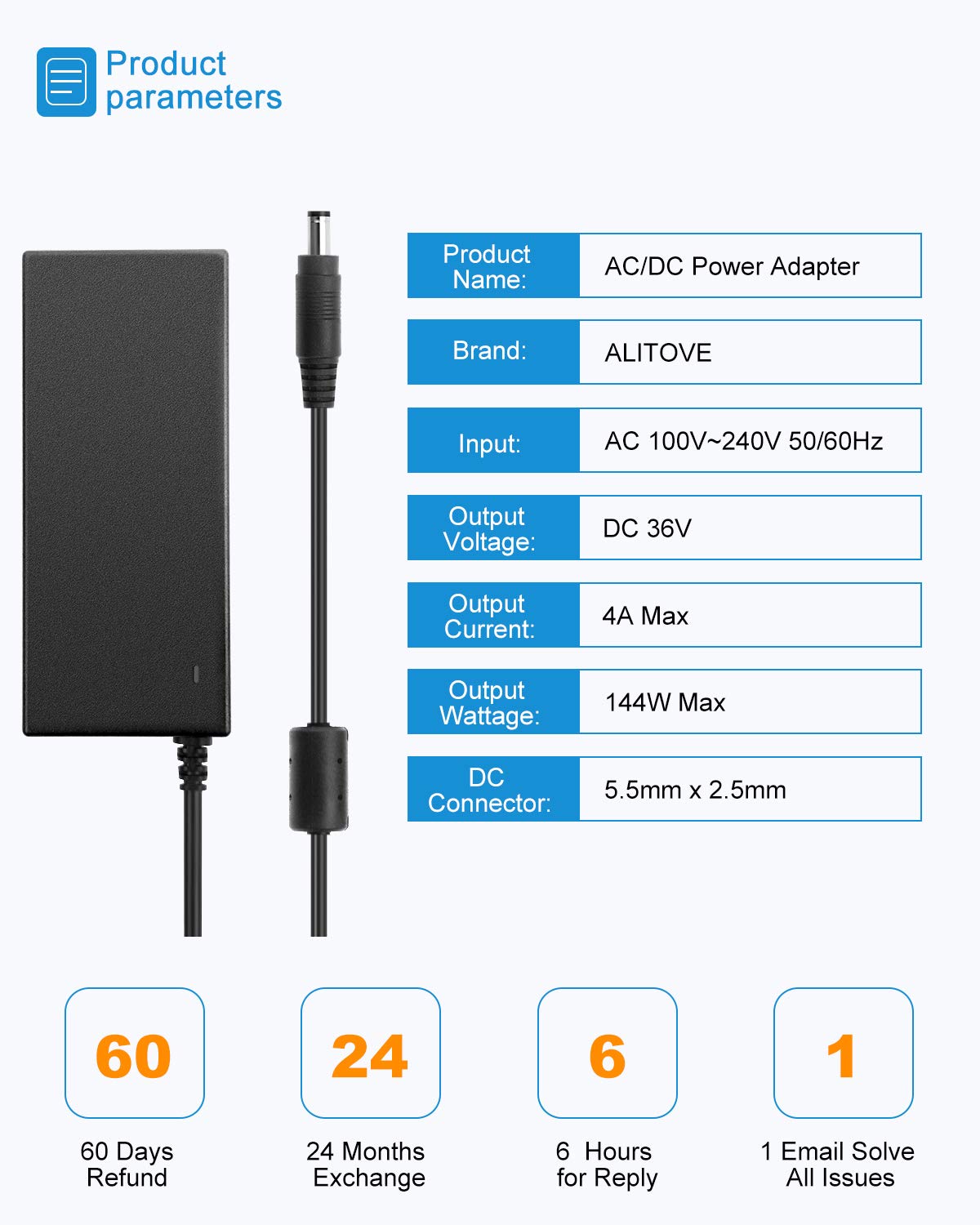 Alitove 36V Power Supply 4A 144W Ac/Dc Adapter 100~240V Ac To Dc 36 Volt 4 Amp Converter 36 Vdc 4A 3.5A 3A 2A Transformer With 5