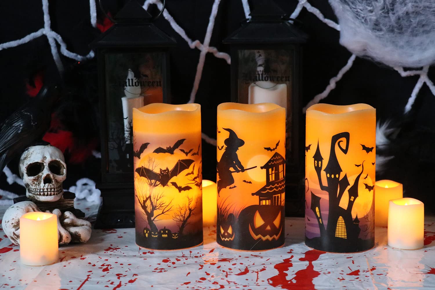 Dromance Flameless Candles Battery Operated With 6 Hour Timer, Halloween Decals Real Wax Led Flickering Pillar Candles Set Of 3