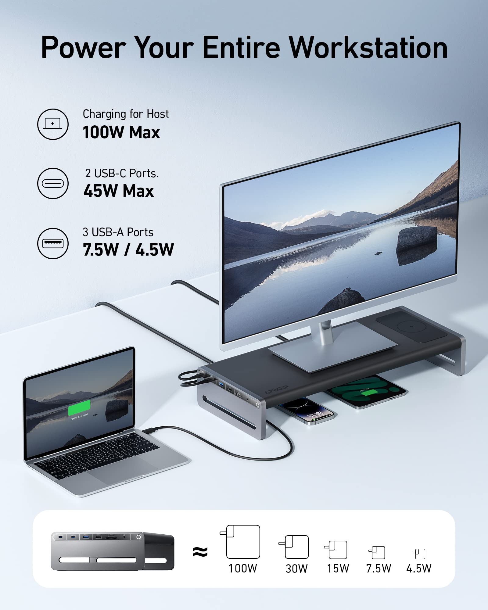 Anker 675 Usb C Docking Station (12 In 1, Monitor Stand) With 10Gbps Usb C Ports, 4K@60Hz Hdmi Display, Wireless Charging Pad, F