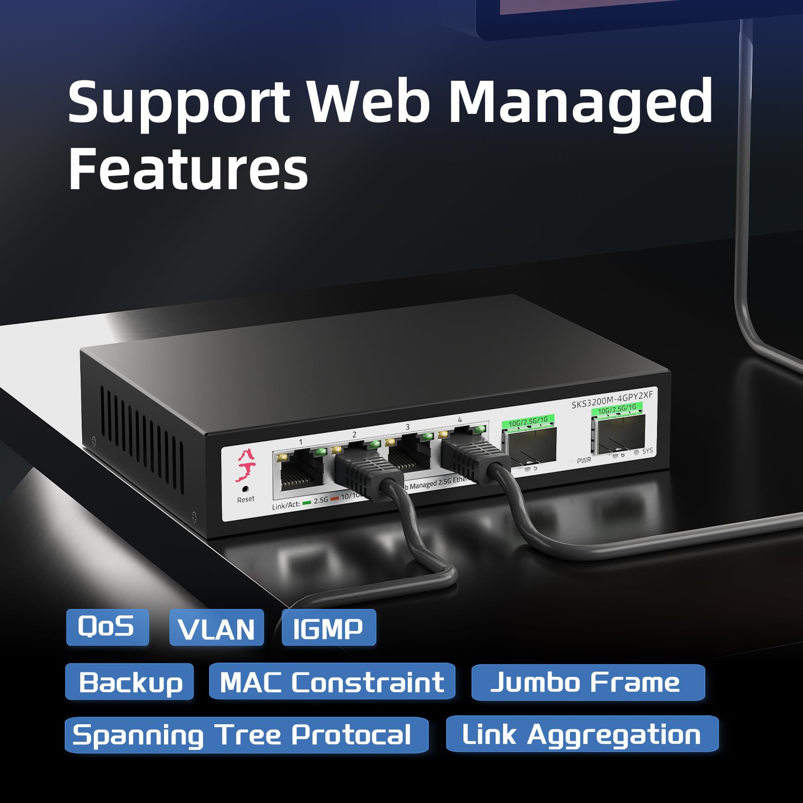 Xikestor 4 Port 2.5G Web Managed Ethernet Switch With 2X 10G Sfp+, 2.5Gb Network Homelab Switch Support Lacp/Vlan/Qos/Stp/Igmp,