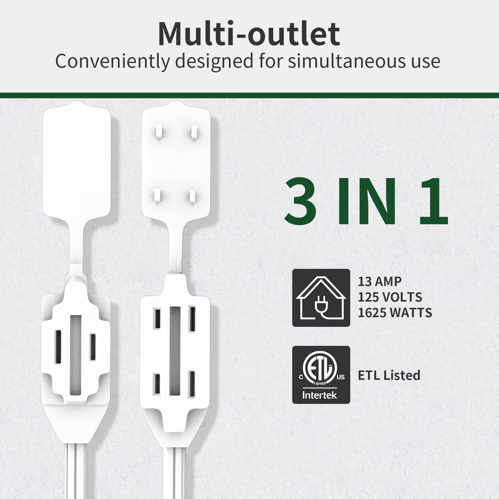 Plugtul 3 Pack Indoor Extension Cord (6/9/12Ft), 2 Prong White Extension Cord, 3 Polarized Outlets With Safety Cap Protect For H