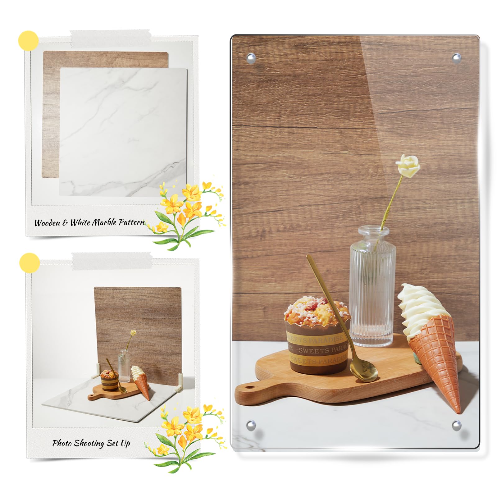 Eoajafou 2Pcs Double Sided Photography Backdrop Boards With 2 Brackets, 16X16 Inch For Food Jewelry Shooting, Marble Wooden Gray