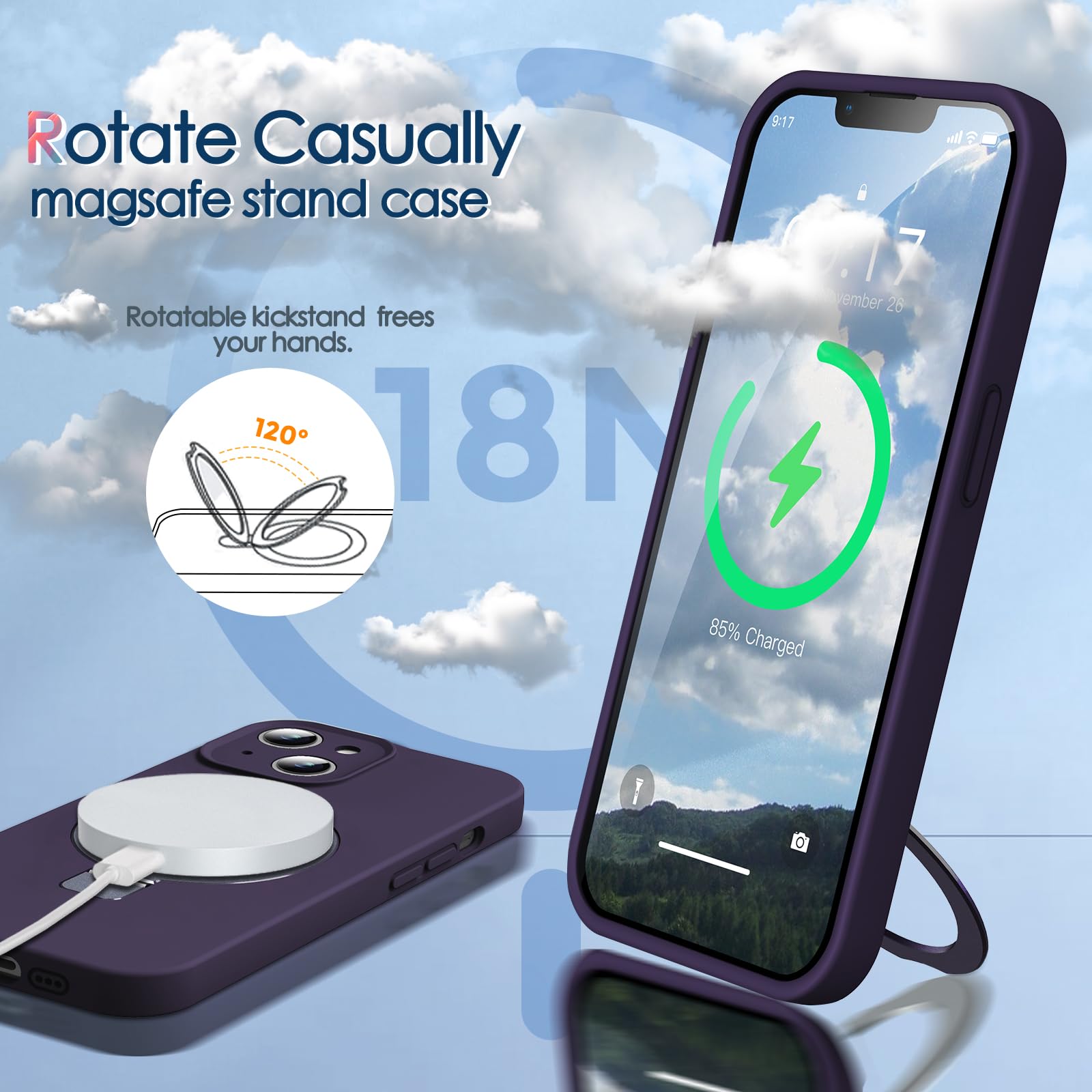 Kmambag Mag Ring Designed For Iphone 13 Case, Liquid Silicone [Moisturizing Factor] Extreme Soft Slim Phone Case With Stand [Com