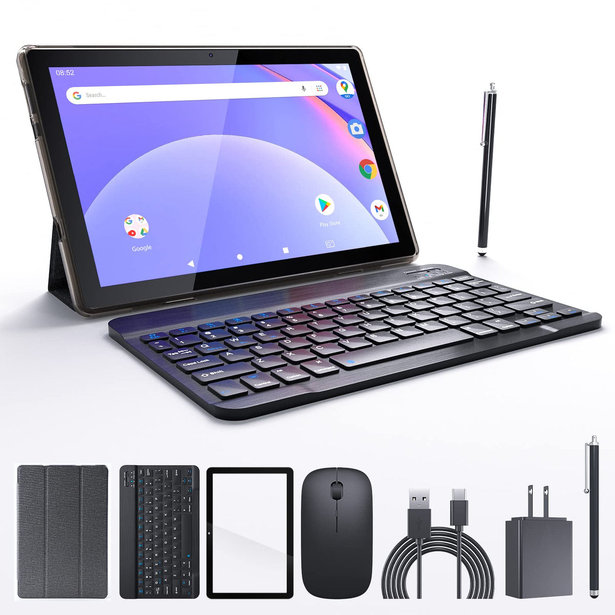 Android Tablet 10 Inch Tablets, 2 In 1 Tablet With Keyboard Include Mouse Case Stylus Tempered Film 5G Wifi Wifi6 128Gb Rom+6Gb 