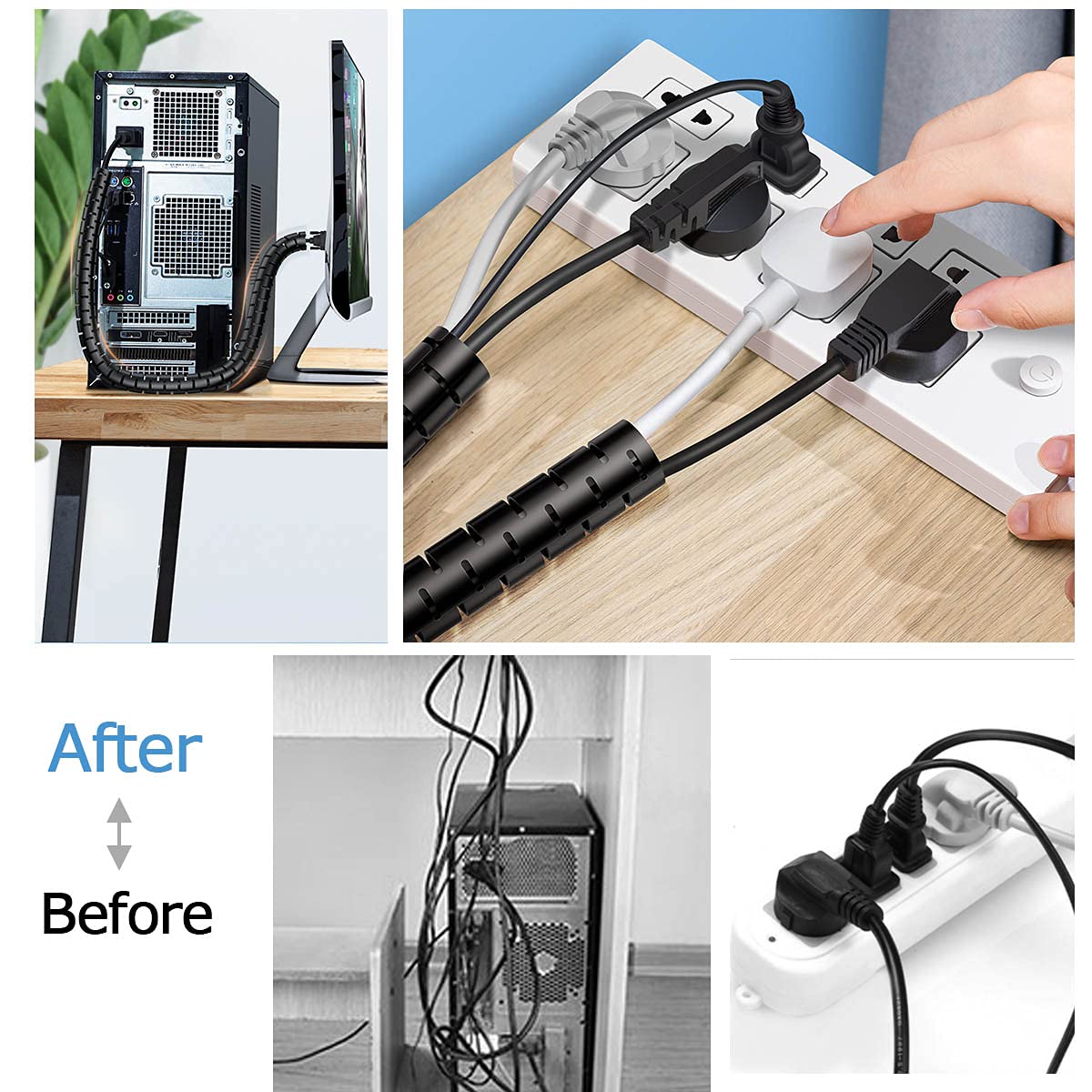 Fanoshon Large Pc Cable Management Tube Sleeve Under Desk Wire Organizer For Cords 2 Pcs Black, 1.1 Inch  5 Ft Ez Spiral Cable W