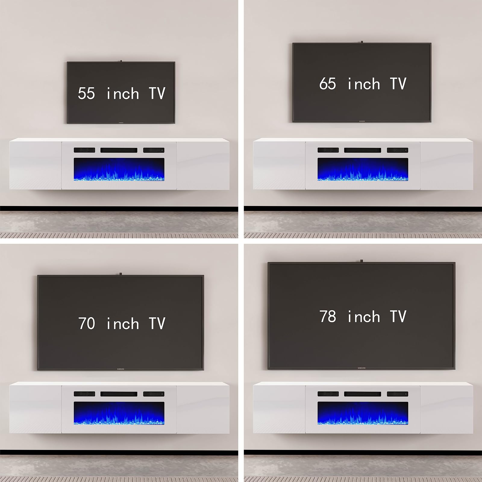 Amerlife Floating Tv Stand With 36 Electric Fireplace, High Gloss Finish Wall Mounted Fireplace Entertainment Center With Storag