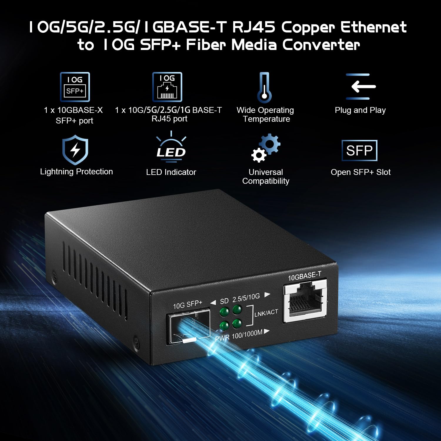 Binardat 10G Fiber Media Coverter, 2 Port 10 Gigabit Ethernet Switch, 1 X 10G Rj45 Port, 1 X 10G Sfp Port, Mini Metal Case Fanle