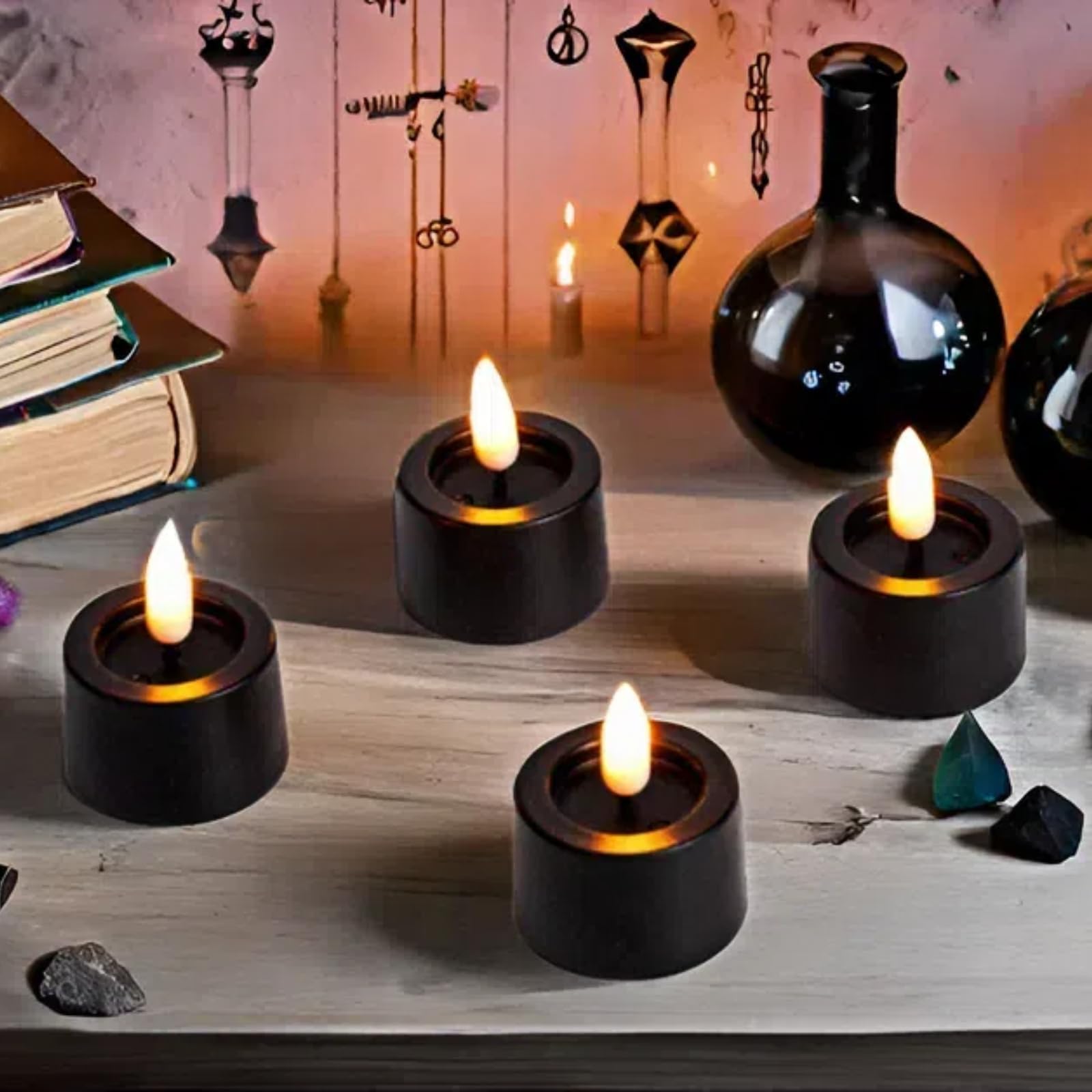 Simplelight Pack Of 12 Tea Lights Candles Battery Operated   Battery Tea Lights With Timer, Battery Candles Black Color For Voti